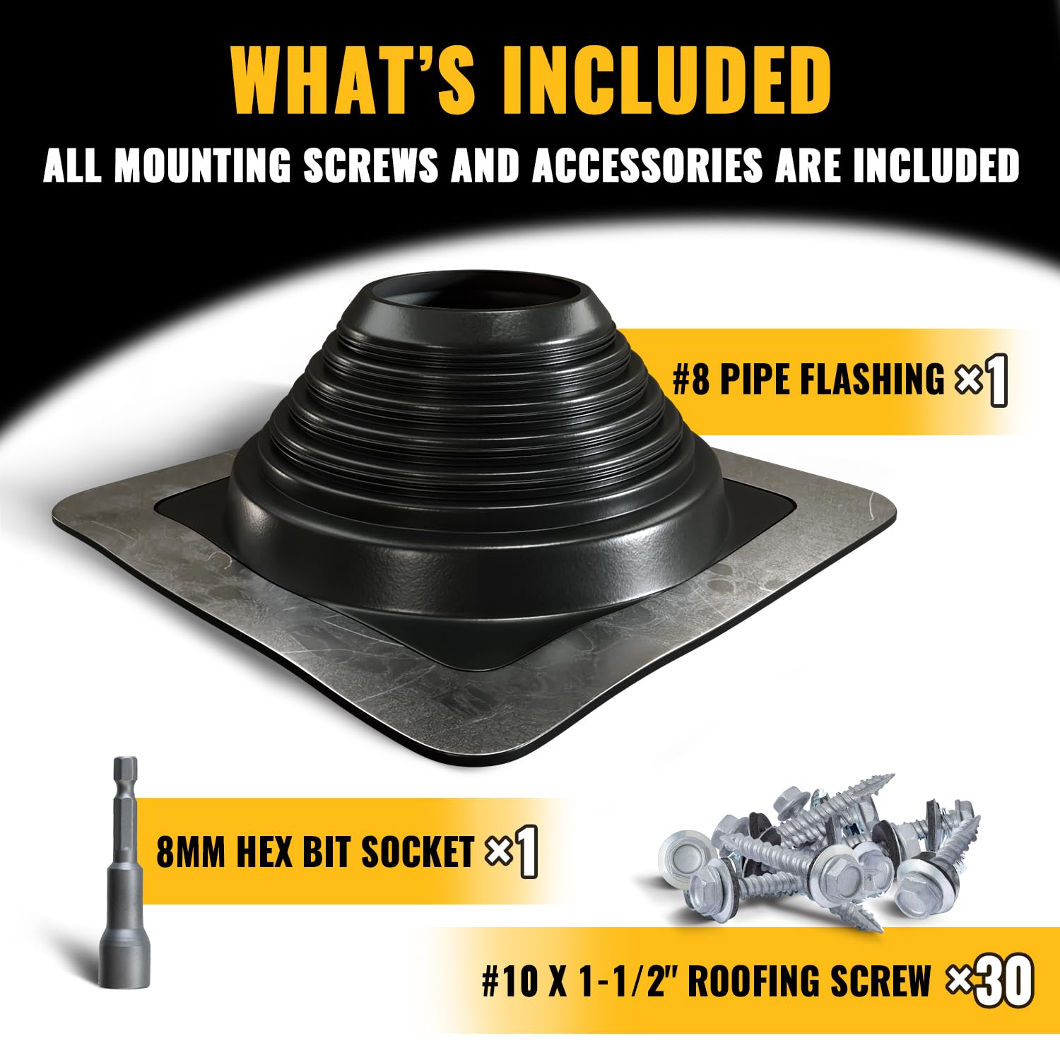 VIVIDA #1 Metal Roof Pipe Flashing, Metal Roofing Pipe Boot Kit, High Temp Silicone Vent Boot, for Tube OD 1/4" to 2", Square Base, Screws & Hex Socket Included, 1 Pack, Black
