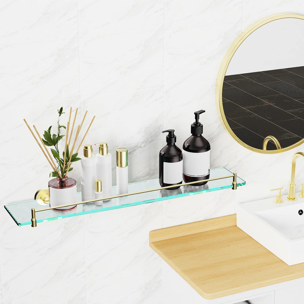 Glass Bathroom Shelves,Brushed Gold Floating Shelves for Wall Rectangular Modern Stainless Steel Glass Shelf for Bathroom Shelves wall Mounted 16 Inch