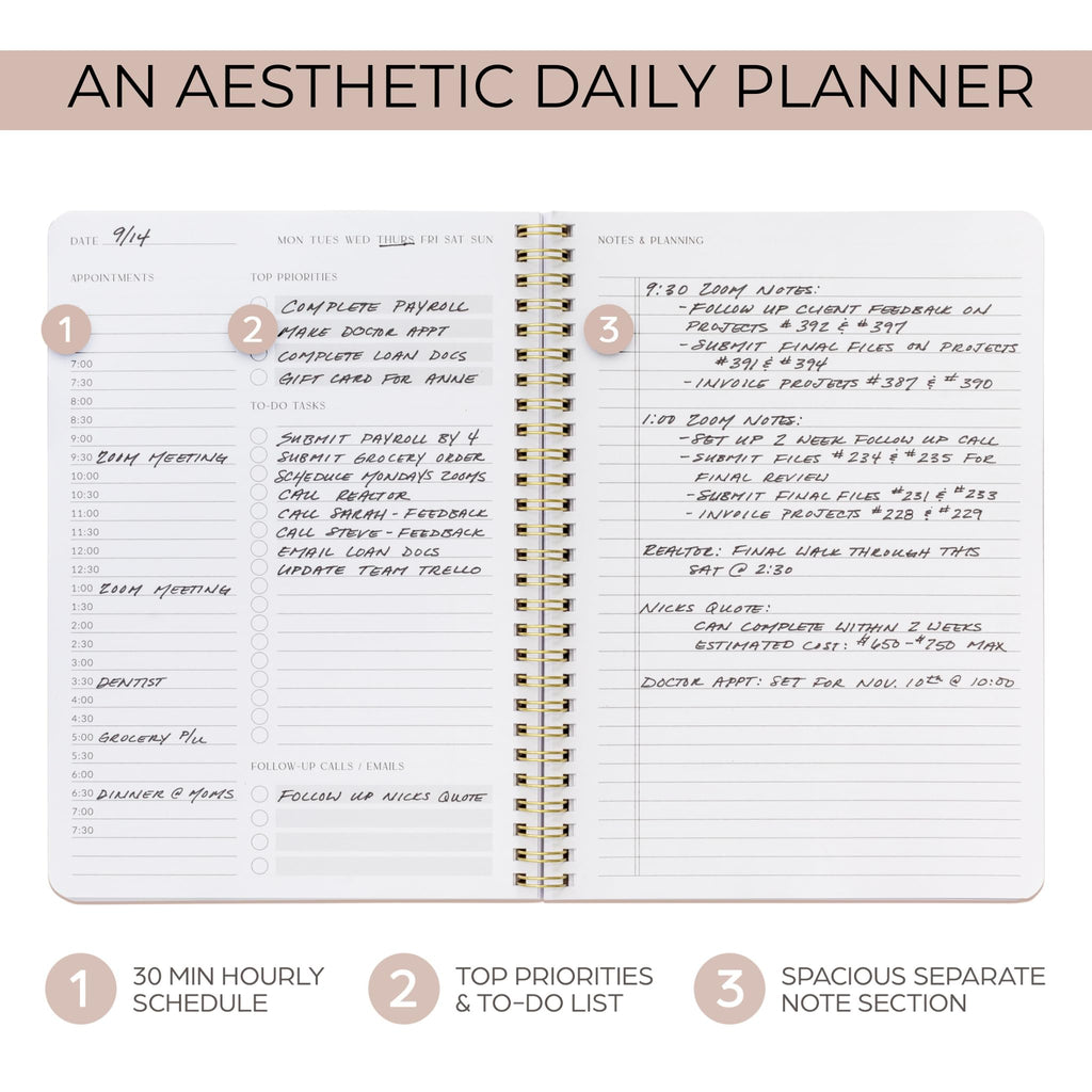Beautiful Daily Planner And Notebook With Hourly Schedule - Aesthetic Spiral To do List Notepad to Easily Organize Your Tasks And Appointments - Stylish Book And School Or Office Supplies