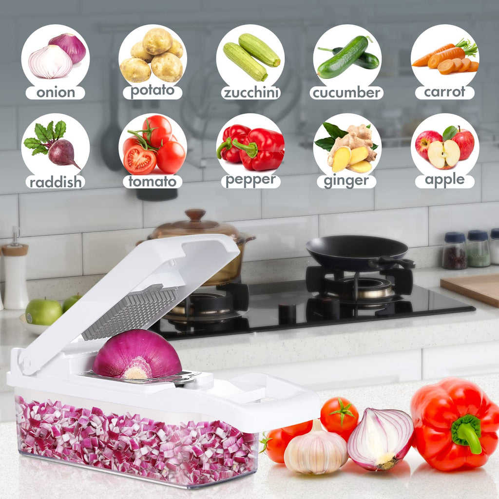 Ourokhome Vegetable Chopper Onion Cutter, 12 in 1 Professional Mandoline Slicer for Kitchen, Multifunctional Food Chopper for Potato, Tomato, Veggie with Strainer Basket, 8 Blades, Blue