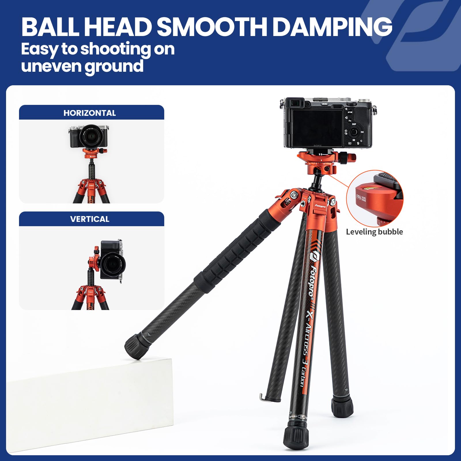 Fotopro 60" Camera Tripod, Carbon Fiber Travel Tripod with 360° Ball Head, Ultralight 2.1lbs, 22lbs Load, Quick Lock, Folds to 14.3" Carry-On, for DSLR Mirrorless Cameras, X-Aircross 3 Blue