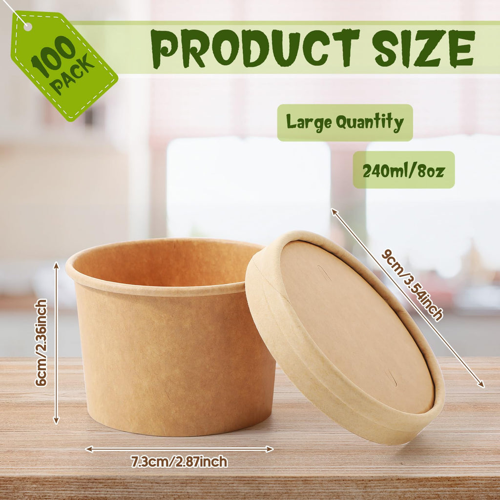 Fulmoon 100 Pack Paper Soup Containers with Lids Disposable Paper Food Containers with Vented Lid Kraft Ice Cream Cake Dessert Cups Soup Bowl for Party Hot Food Fruit Microwave(4 oz,Brown)