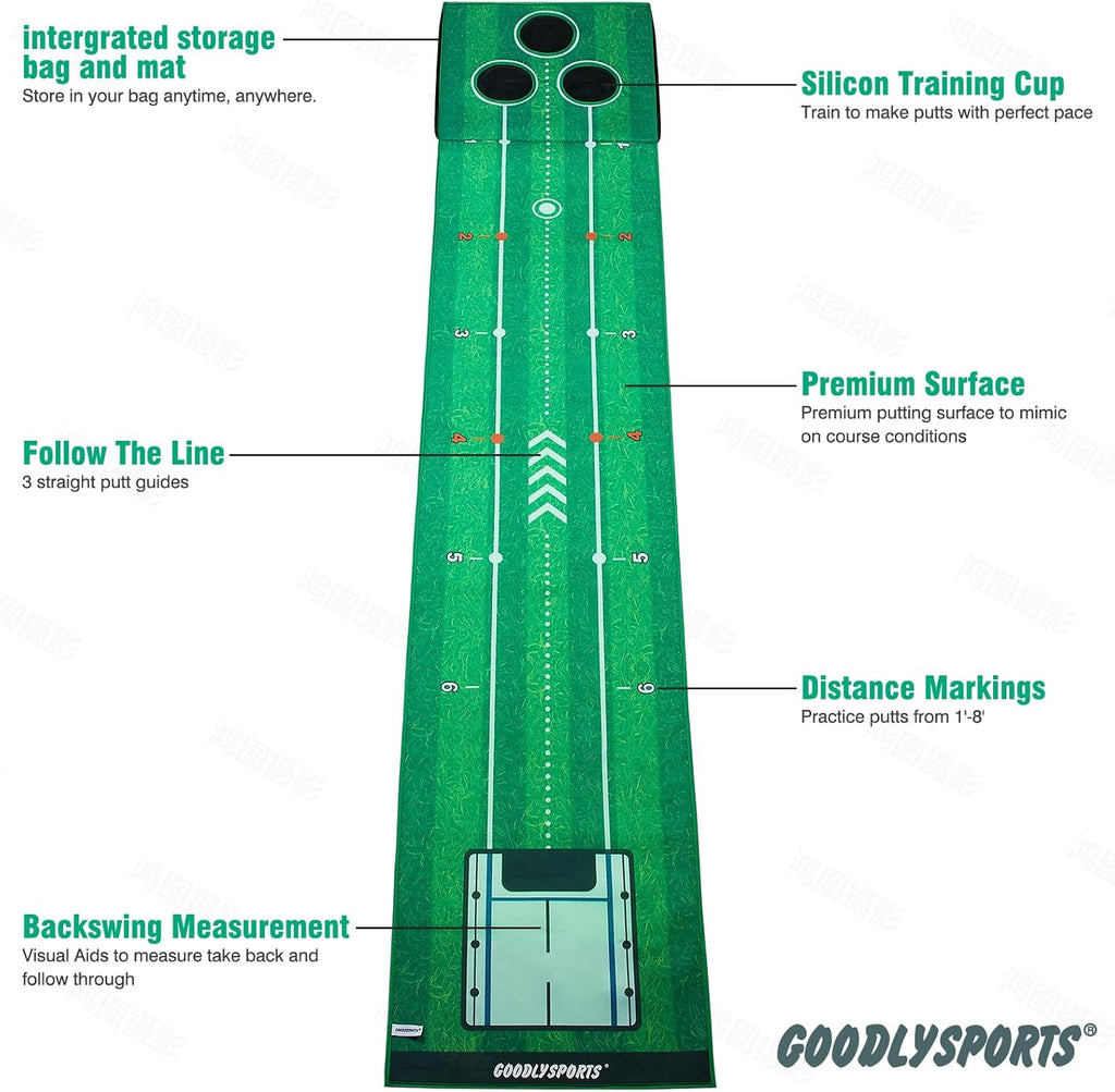 New Portable Golf Putting Mat, Mini Golf - Putting Green Indoor + Putting Green Outdoor - Putting Mat with 3 Balls + Retractable Push Rod (Youth) - Putting Matt for Indoors, Golf Gifts for Men Kids