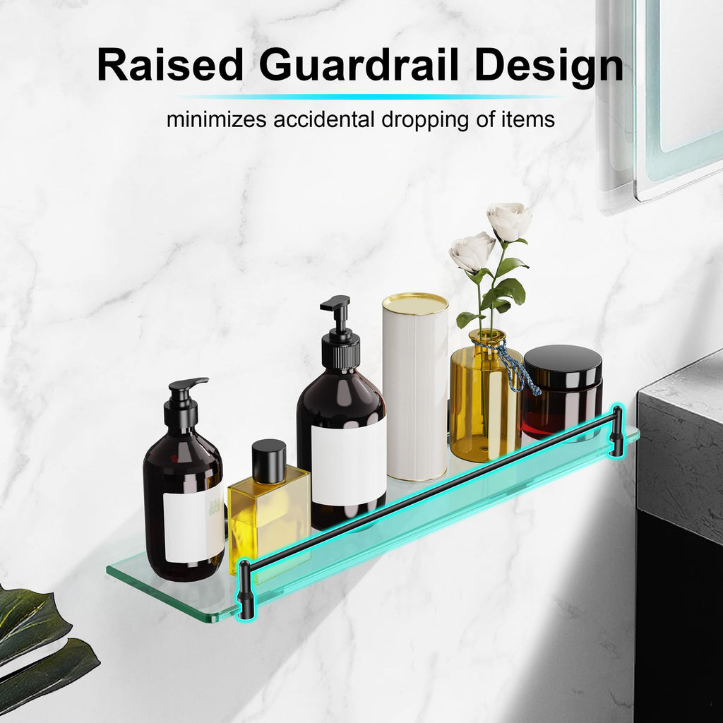 Glass Bathroom Shelves,Brushed Gold Floating Shelves for Wall Rectangular Modern Stainless Steel Glass Shelf for Bathroom Shelves wall Mounted 16 Inch