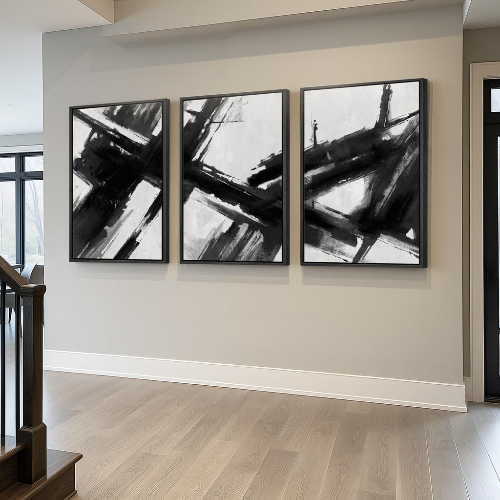 Framed Black and White Modern Abstract Wall Art, 3 Piece Canvas Prints Paintings Artwork for Walls, Minimalist Black White Grey Pictures for Living Room Dining Room Bedroom Office Wall Decor 16x24 In
