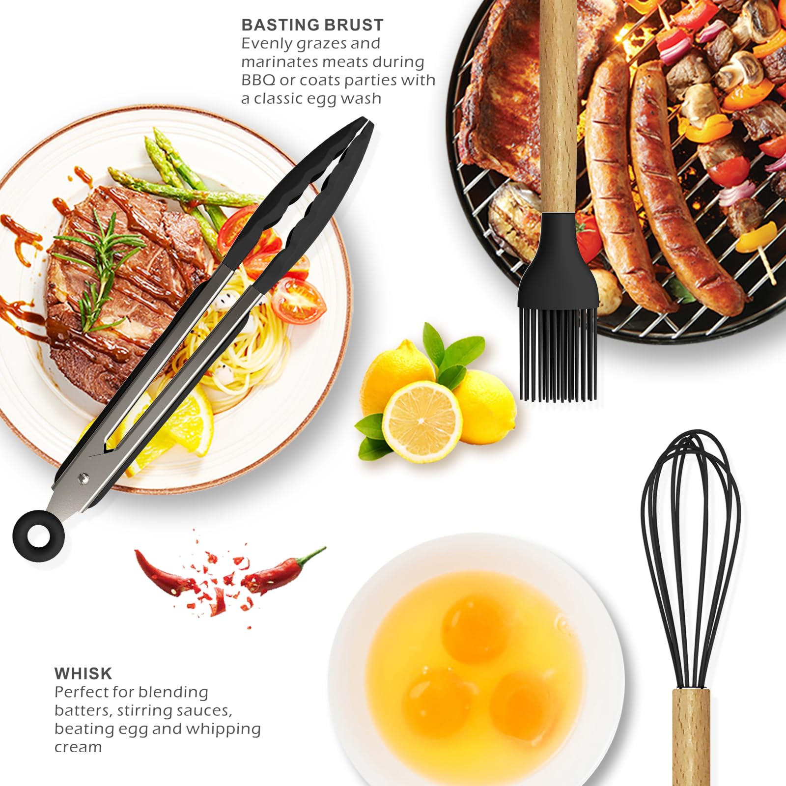 oannao Silicone Cooking Utensils Set - 446°F Heat Resistant Silicone Kitchen Utensils for Cooking,Kitchen Utensil Spatula Set w Wooden Handles, BPA FREE Gadgets for Non-Stick Cookware (Black)