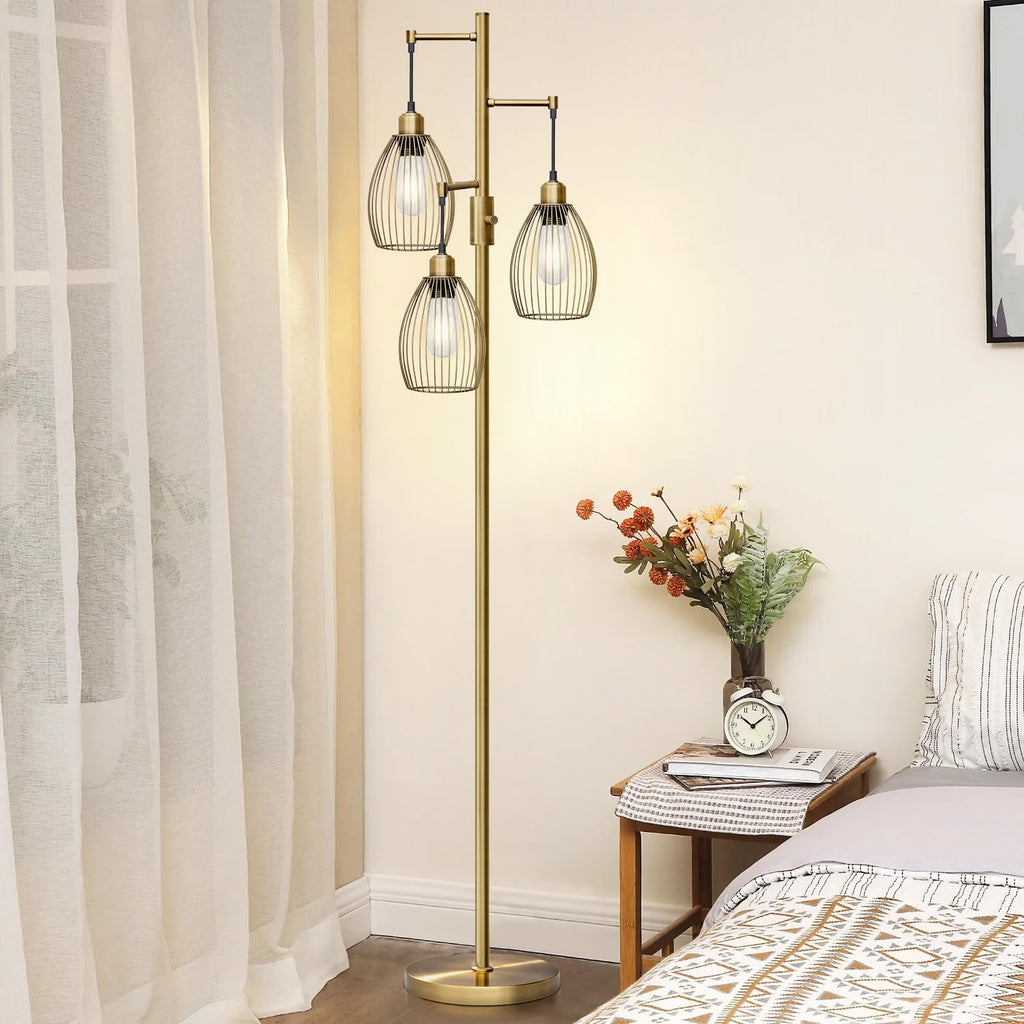 Dimmable Floor Lamp, 3 x 800LM LED Edison Bulbs Included, Farmhouse Industrial Floor Lamp Standing Tree Lamp with Elegant Teardrop Cage Tall Lamps for Living Room Bedroom Office Dining Room-Brass