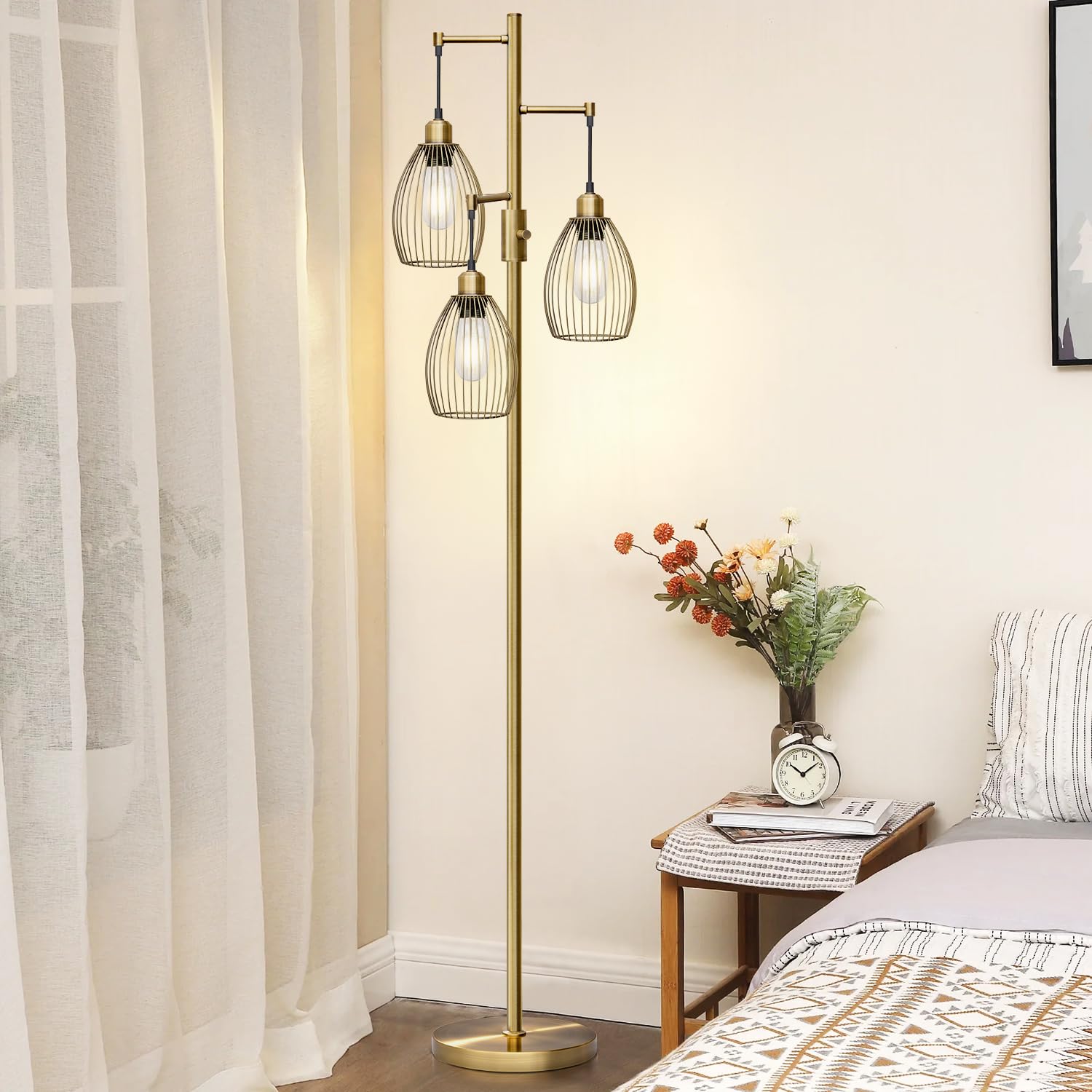 Dimmable Floor Lamp, 3 x 800LM LED Edison Bulbs Included, Farmhouse Industrial Floor Lamp Standing Tree Lamp with Elegant Teardrop Cage Tall Lamps for Living Room Bedroom Office Dining Room-Brass