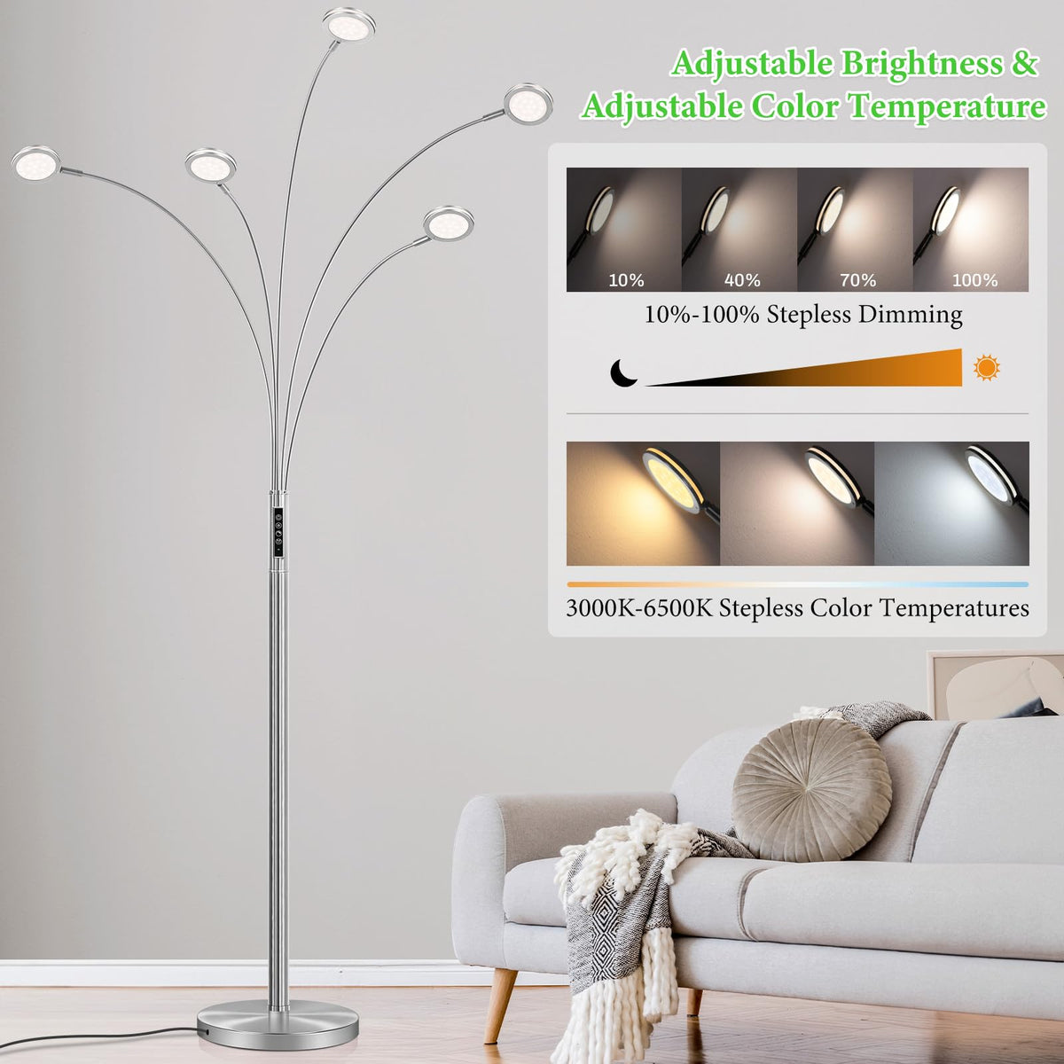 LED Arc Floor Lamp with Remote, 2250LM Dimmable Gold Floor Lamp with Timer, Adjustable Colors, Brightness & 5 Adjustable Arms, Multi-Head Tall Tree Standing Lamp for Living Room Bedroom Corner Office