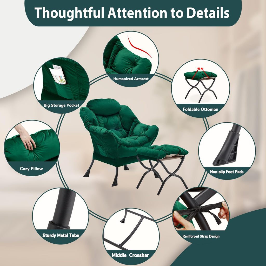 Youtanic Lazy Chair with Folding Ottoman, Accent Chair Velvet Upholstered with Metal Structure and Non-Slip Pads, Sofa Armchair with Footrest and Side Storage Bag for Dorm, Room, Office, Beige