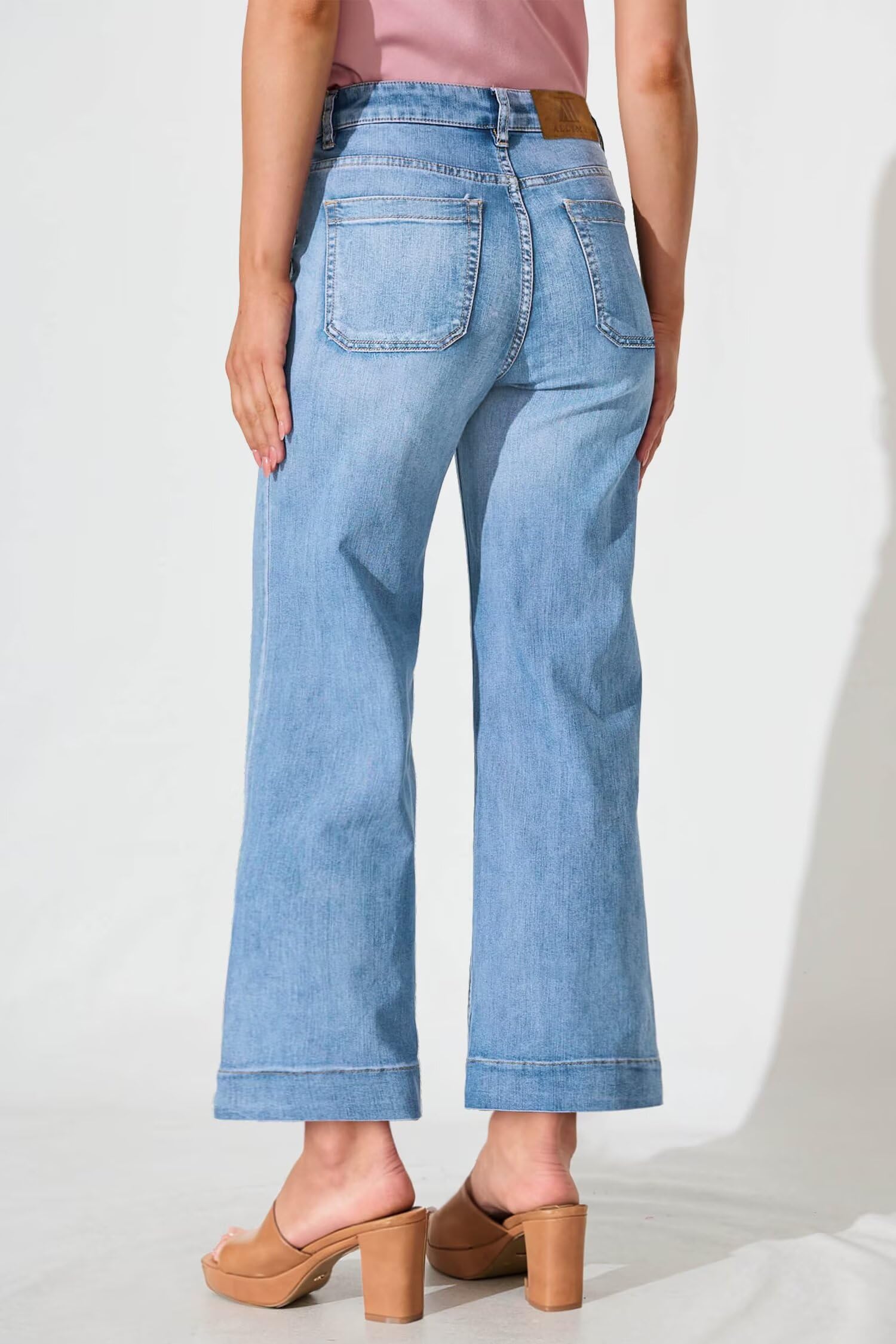 Allimy Women's High Waisted Cropped Wide Leg Jeans Stretchy Loose Denim Pants with Front Patch Pockets