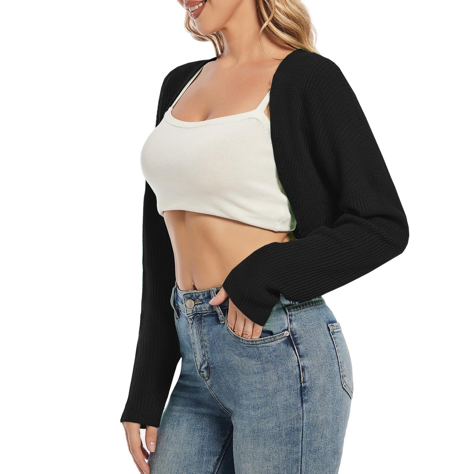 Women's Cardigan Shrugs Long Sleeve Knit Cropped Bolero Shrug Open Front Casual Cardigans for Dresses