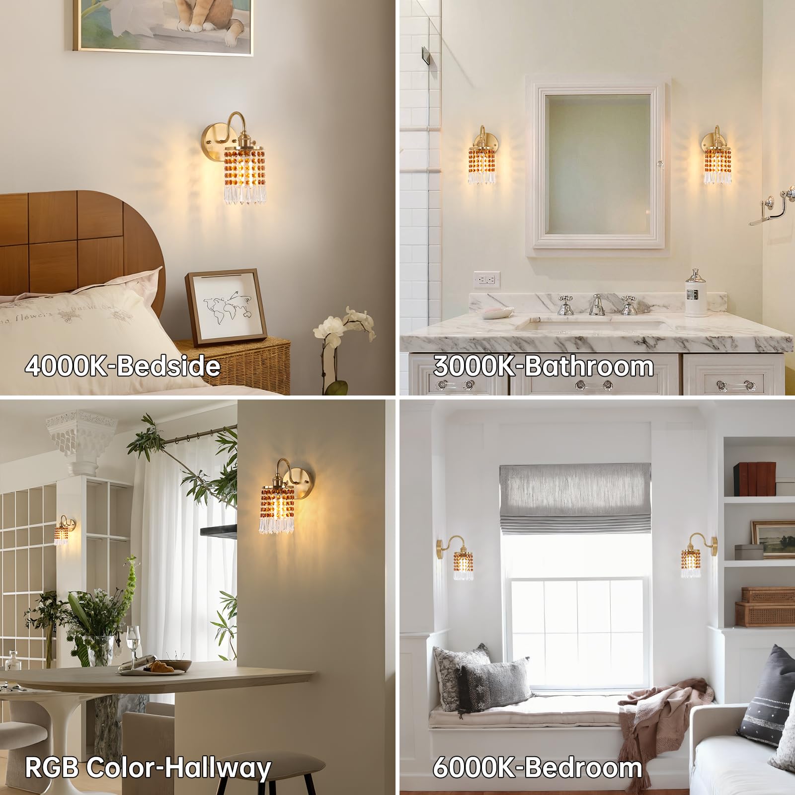 Shenmoyl Set of 2 Crystal Battery Operated Wall Sconce, Rechargeable Battery Powered Wall Lamp with Remote Control, Modern Dimmable Wall Lights for Bedroom Bathroom(Green, Gold Base)