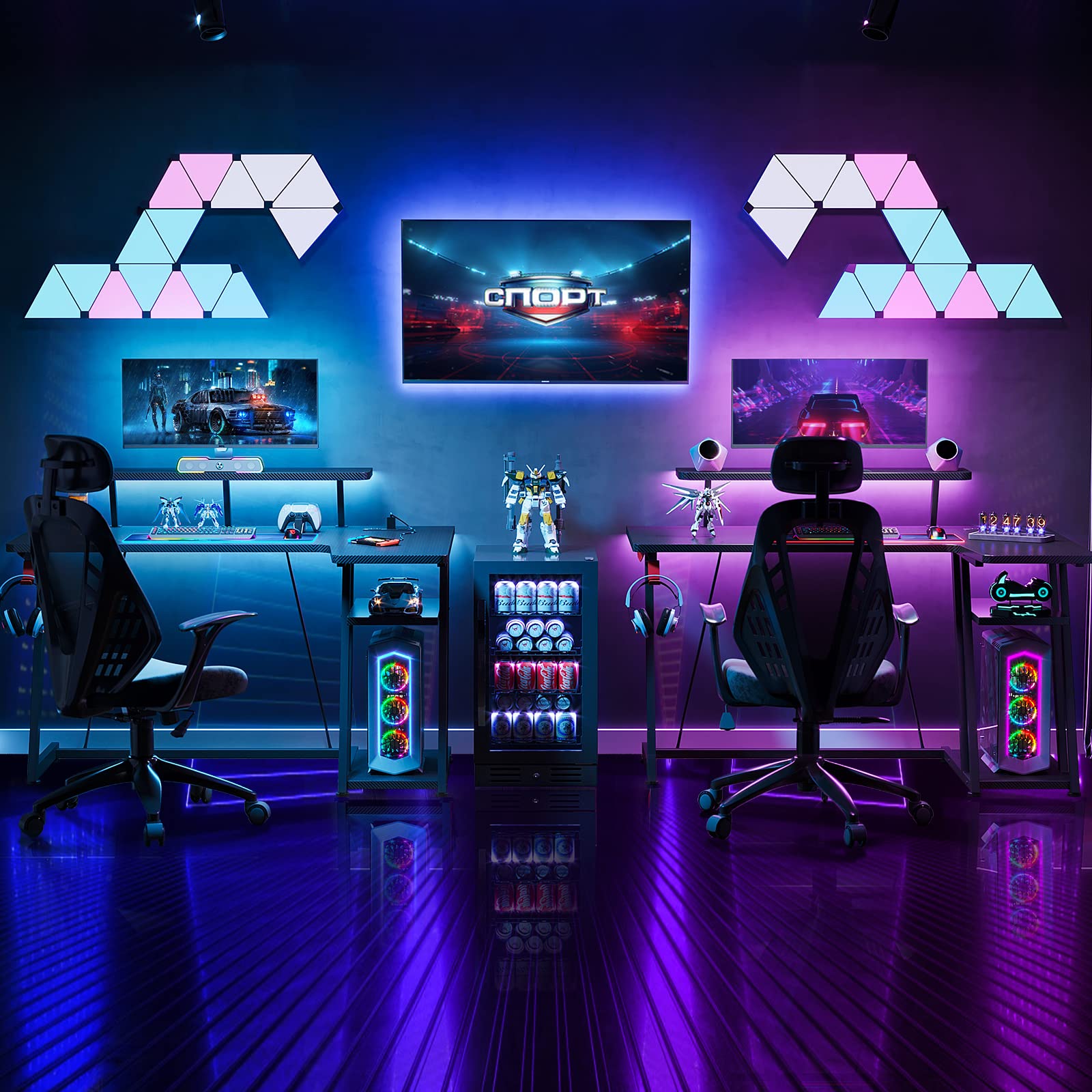 MOTPK Gaming Desk with LED Lights & Power Outlets, 47 Inch L Shaped Computer Desk with Storage Shelf, & Monitor Stand, PC Gaming Table with Carbon Fiber Texture, Black