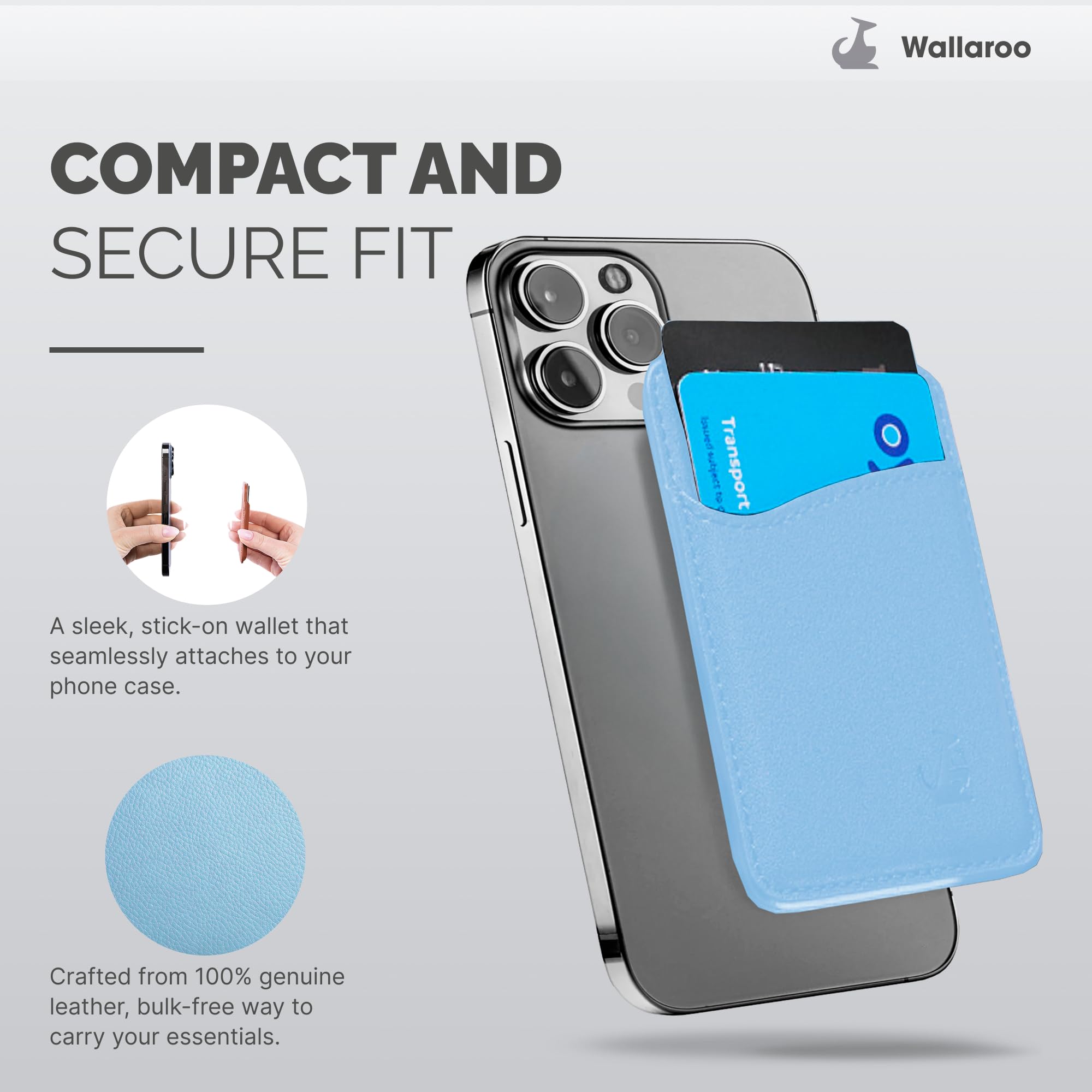 Wallaroo Premium Leather Cell Phone Wallet Stick On - Android and iPhone Wallet and Card Holder for Women and Men - Durable with Non-Slip Lining Secures Up to 3 Cards