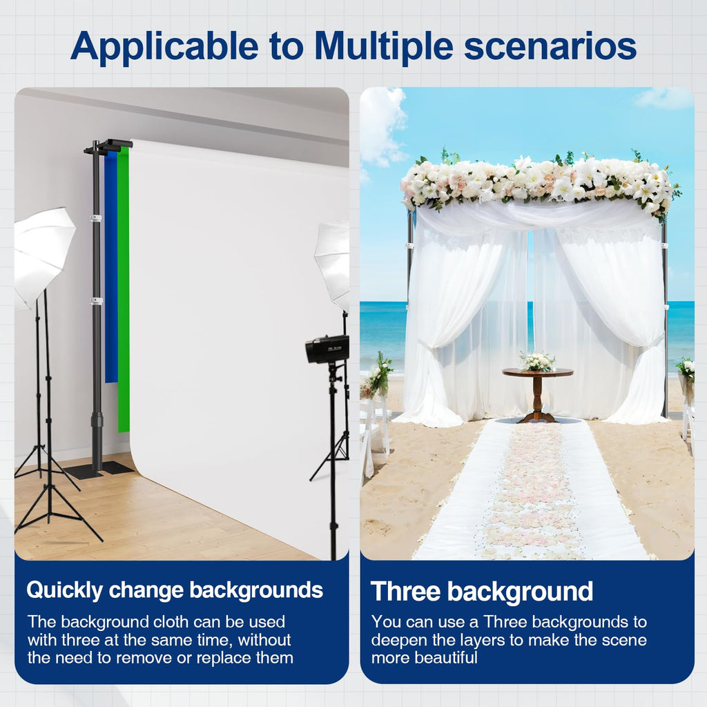 EMART Backdrop Stand Heavy Duty 8.9x10Ft,Three Crossbar Pipe and Drape Photo Background Support Kit, Adjustable Metal Frame with Flat Base for Wedding Birthday Party Decorations-Black