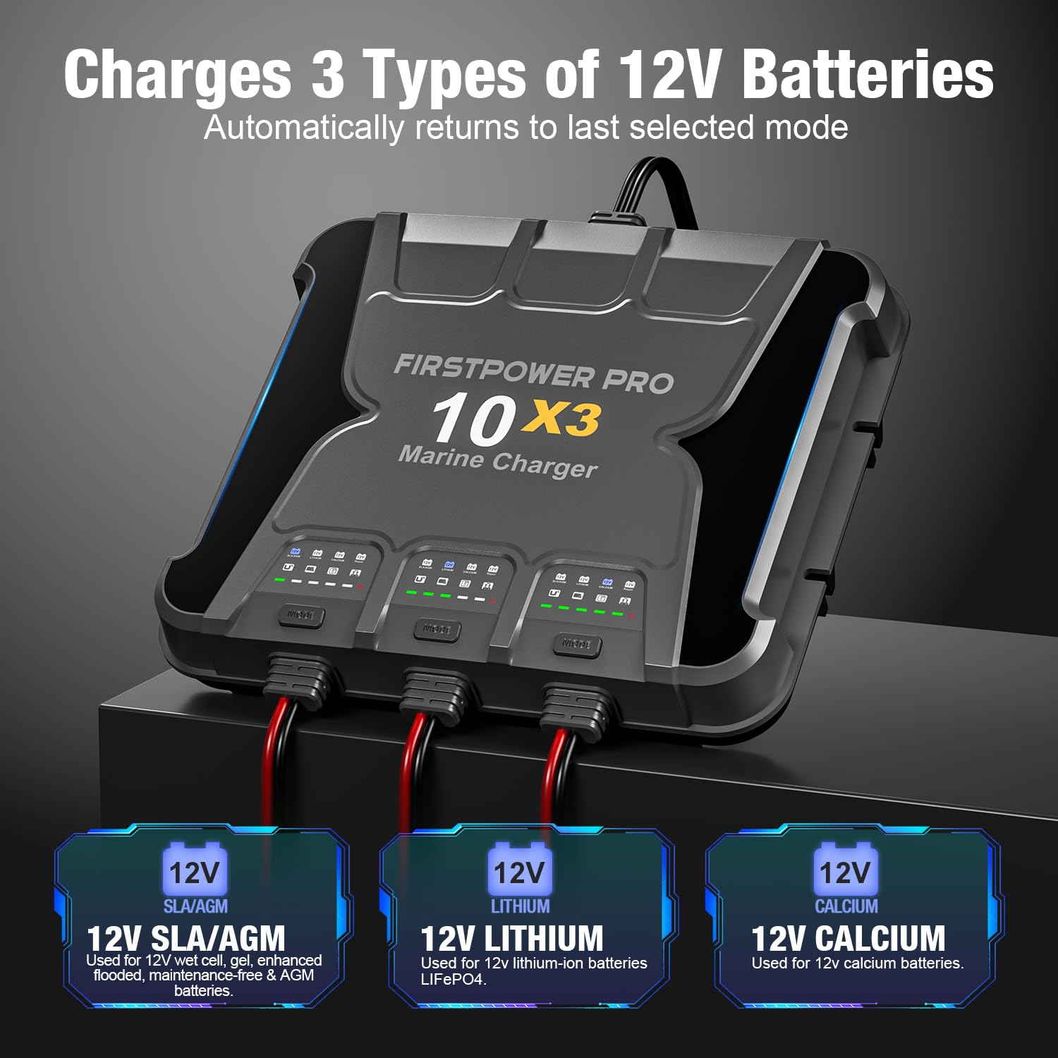 Marine Battery Charger 5X1: 1-Bank, 5A Onboard Battery Charger - 5A Per Bank, 12V Waterproof Boat Batter Charger for SLA/AGM, Lithium, Calcium - Charged 24/7