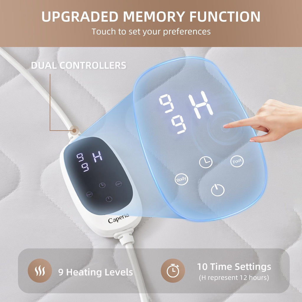 Caperia Heated Mattress Pad Quilted Multizone electric mattress pad Individual Body and Feet Bed Warmer 9 Heat Settings, 1-12 Hours Auto Off, Deep Pocket, Fast Heating, Machine Washable Twin 39''x75''