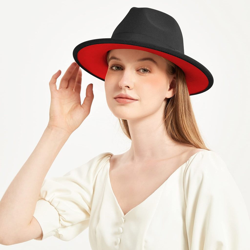 KUJUHA Fedora Hats for Mens/Womens Felt FedoraHats Two Tone Wide Brim Fedora Hats Rancher Hat