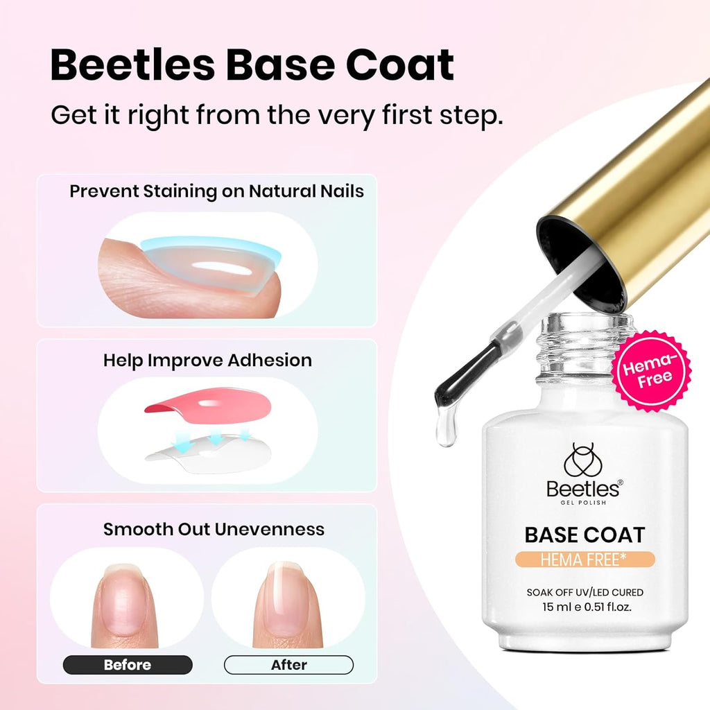 Beetles 2Pcs 15ml Gel Base and Top Coat Set - Upgrade No Wipe Extra Glossy Top Coat Finish for Gel Nail Polish, Soak Off UV/LED Lamp Needed, Essentials for Long-Lasting Manicure Kit