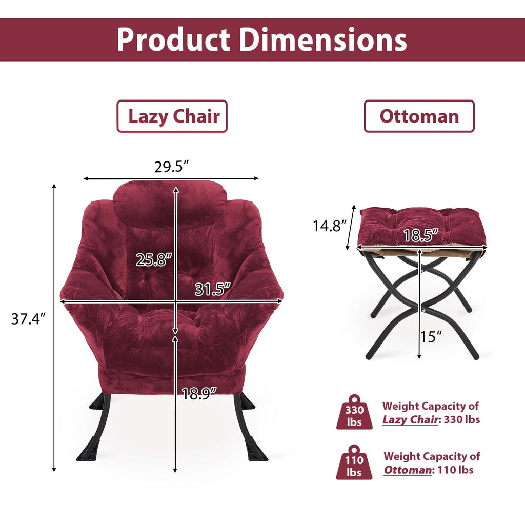 Youtanic Lazy Chair with Folding Ottoman, Accent Chair Velvet Upholstered with Metal Structure and Non-Slip Pads, Sofa Armchair with Footrest and Side Storage Bag for Dorm, Room, Office, Beige