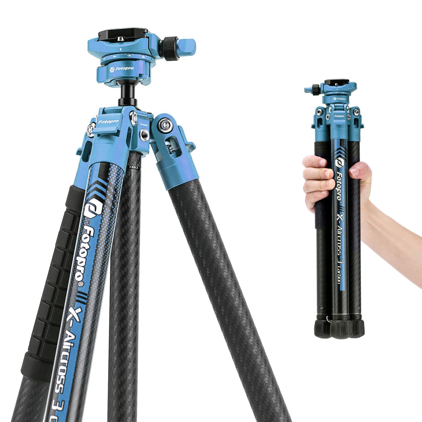 Fotopro 60" Camera Tripod, Carbon Fiber Travel Tripod with 360° Ball Head, Ultralight 2.1lbs, 22lbs Load, Quick Lock, Folds to 14.3" Carry-On, for DSLR Mirrorless Cameras, X-Aircross 3 Blue