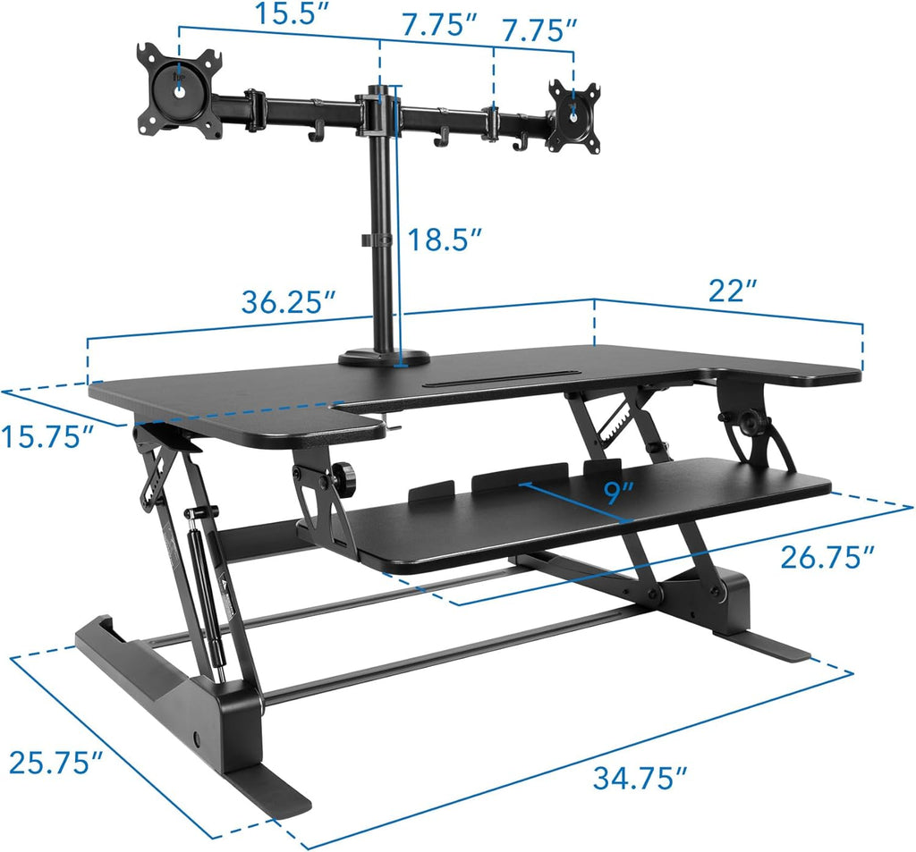Mount-It! Standing Desk Converter Dual Monitor, 2 Screen Mounts Included, Height Adjustable Desk Riser in Black, Stand Up Desk Convertor Large 36" Wide, Sit Stand Convertor with Manual Lift Gas Spring