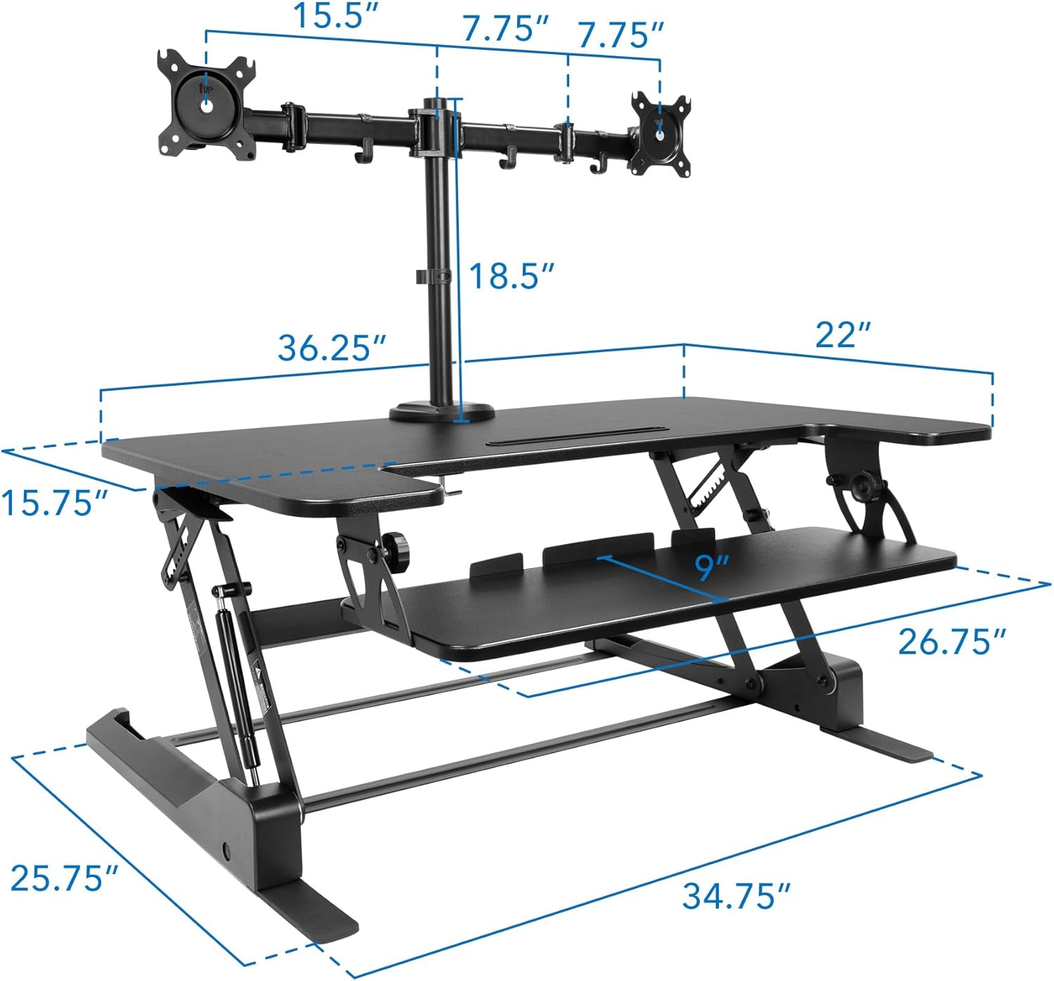 Mount-It! Standing Desk Converter Dual Monitor, 2 Screen Mounts Included, Height Adjustable Desk Riser in Black, Stand Up Desk Convertor Large 36" Wide, Sit Stand Convertor with Manual Lift Gas Spring