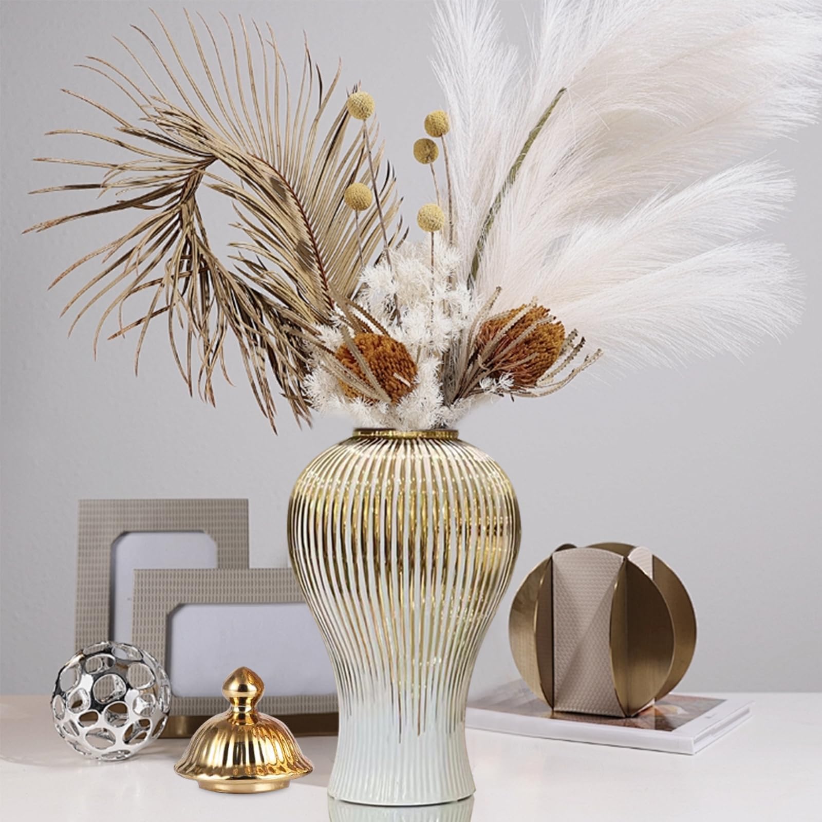Ginger Jar, White Gold Ceramic Vase Large Handmade Porcelain Vases with Lid, White Gold Decorative Flower Vase for Home, Living Room, Weddings, Centerpieces (18in with Lid)