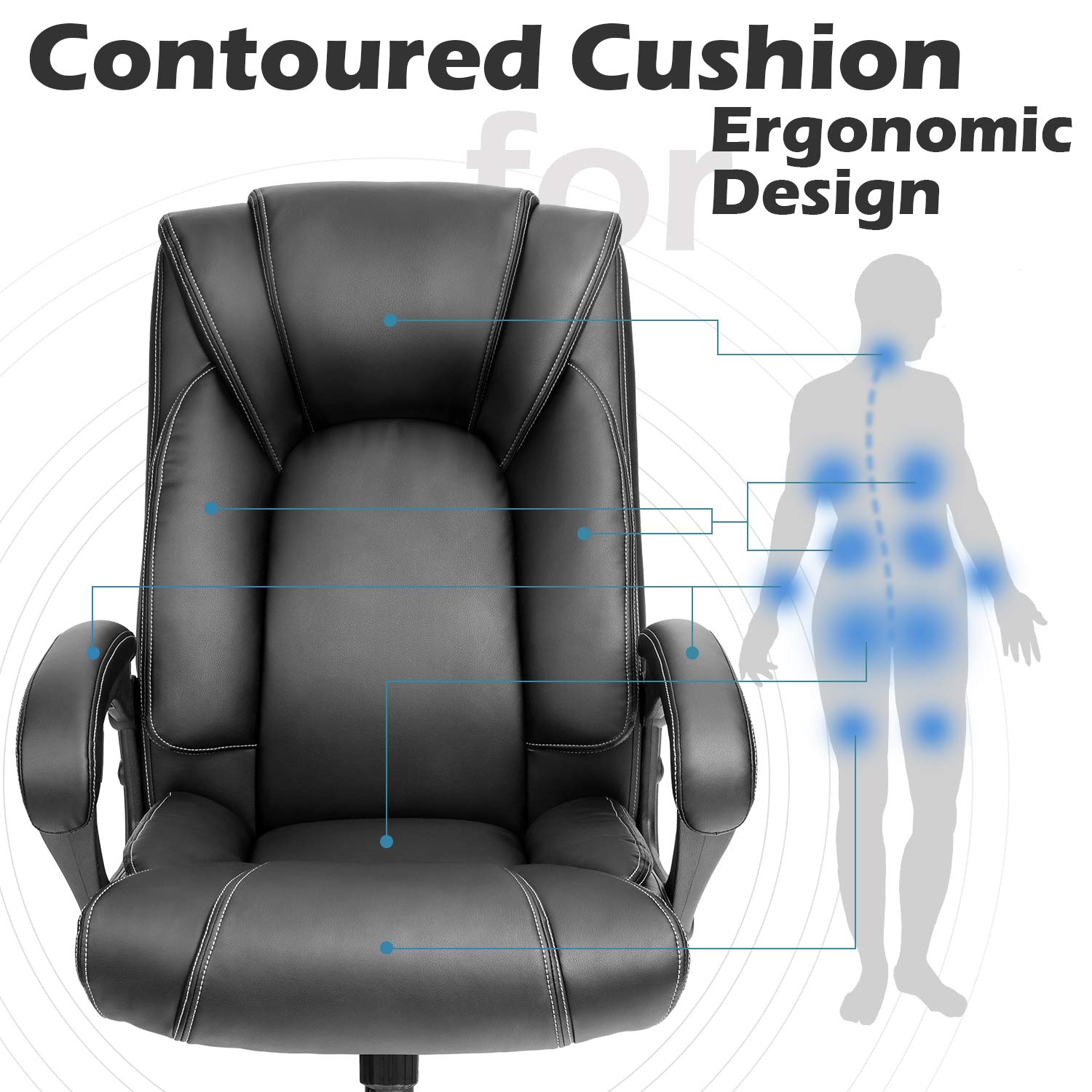 OUTFINE Office Chair Executive Office Chair Desk Chair Computer Chair with 5-Year hydrolysis-Resistant Leather Spring Cushion Ergonomic Support Tilting Function Upholstered in Bonded Leather Black