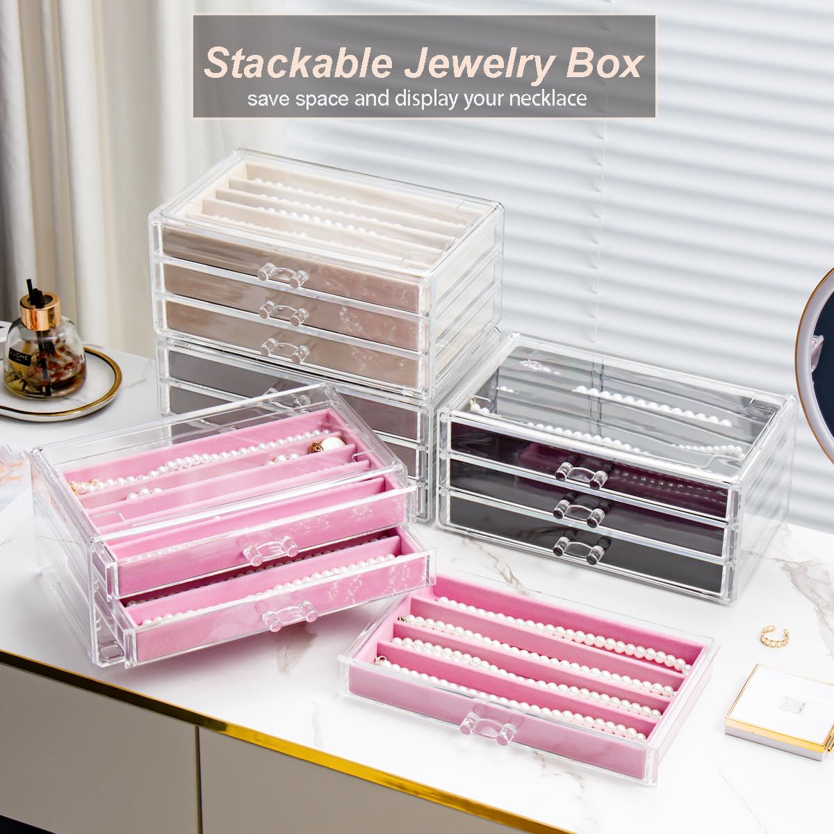 YUFONG Necklace Holder Organizer, Dustproof Necklace Box Velvet Necklace Organizer Box with Lid Clear Acrylic Dustproof Stackable Jewelry Displays for Necklaces Chain Display (Beige, 3 Drawer)