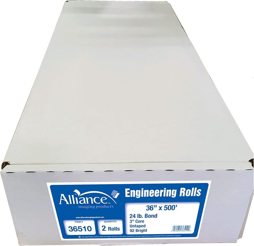 Alliance CAD Paper Rolls, 36” x 500’, 92 Bright, 24lb - 2 Rolls Per Carton - Ink Jet Bond Rolls with 3” Core