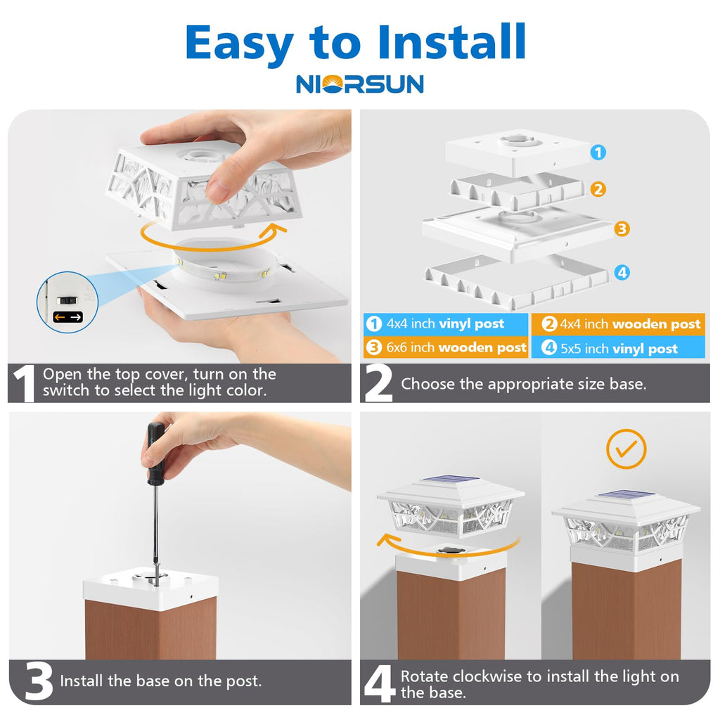 NIORSUN Solar Post Lights Outdoor 4 Pack, 2 Modes LED, Deck Fence Post Solar Lights for 3.5x3.5 4x4 5x5 5.5x5.5 Caps Patio Garden Decoration, White