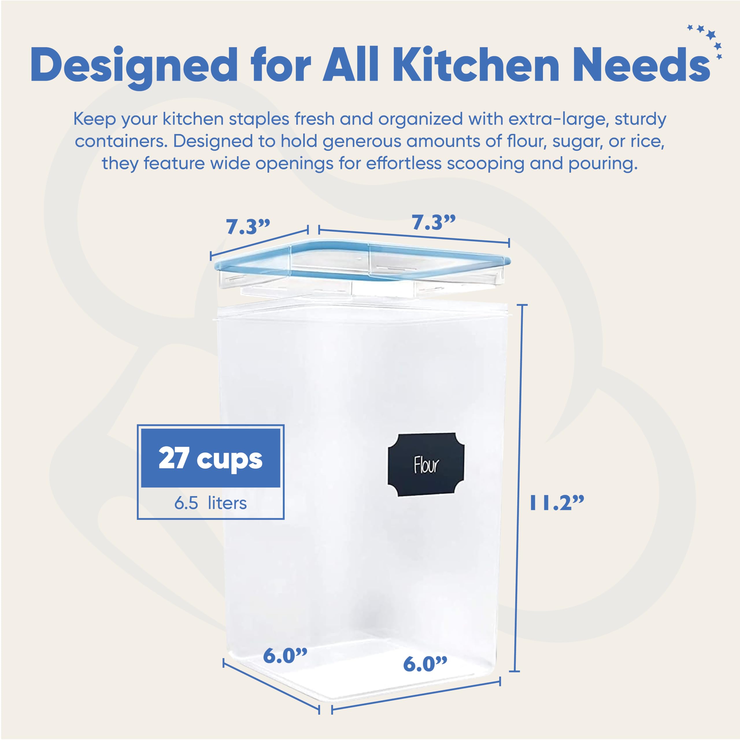 Chef's Path Kitchen Storage Box Set of 4 Extra Large Airtight Food Storage Jars for Sugar Flour Cereal Rice - Measuring Spoons, Pen and Food Preservation Labels (5.2 L)