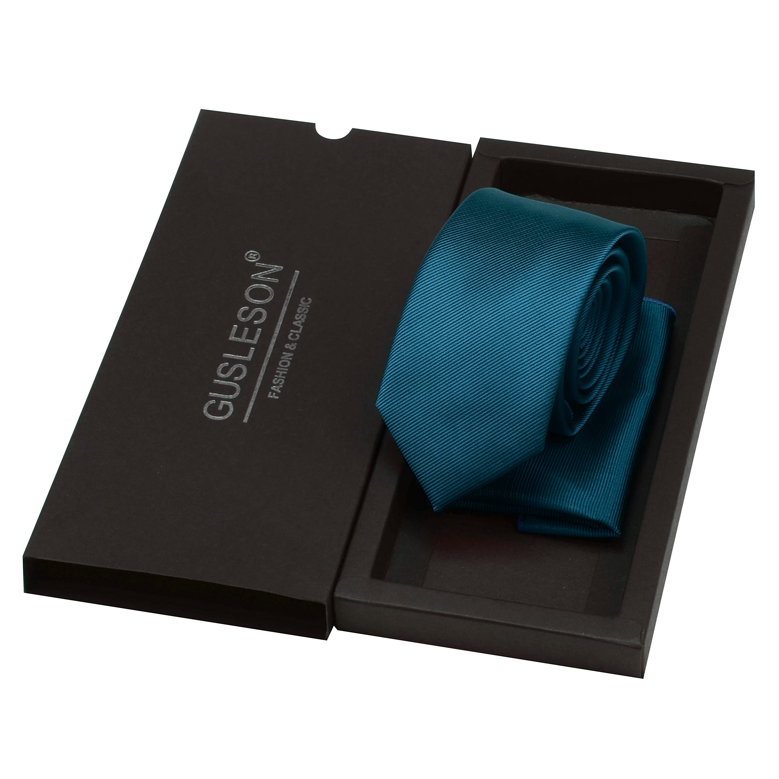 GUSLESON 2.4" Slim Necktie and Handkerchief Set For Men Solid Skinny Tie Set