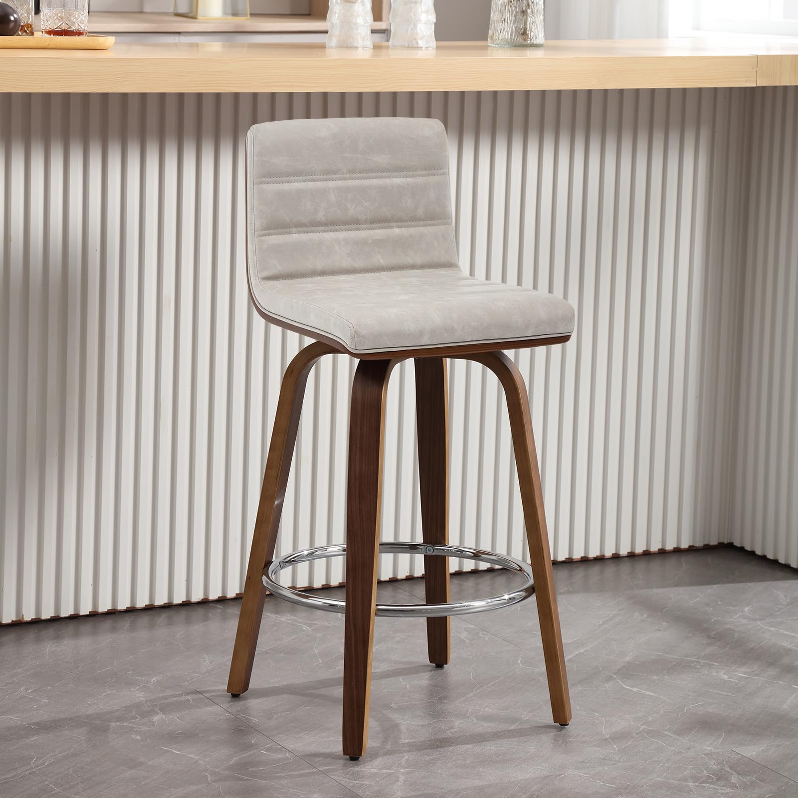 Bar Stools 29 Inch Bar Height, Swivel Bar Stools with Backs Upholstered PU Leather Barstool, L Shape Back and Padded Seat, Mid-Century Modern Bar Stool Pub Chairs for Kitchen Counter Island, Black