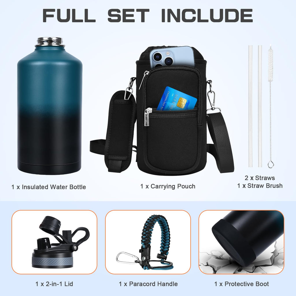 GAZLEMHO 40 oz Insulated Water Bottle with Straw& Spout 2-in-1 Lid, Triple Wall Vacuum Stainless Steel Cold 48H, Leak Proof Sports Metal Flask Jug with Paracord Handle, Black