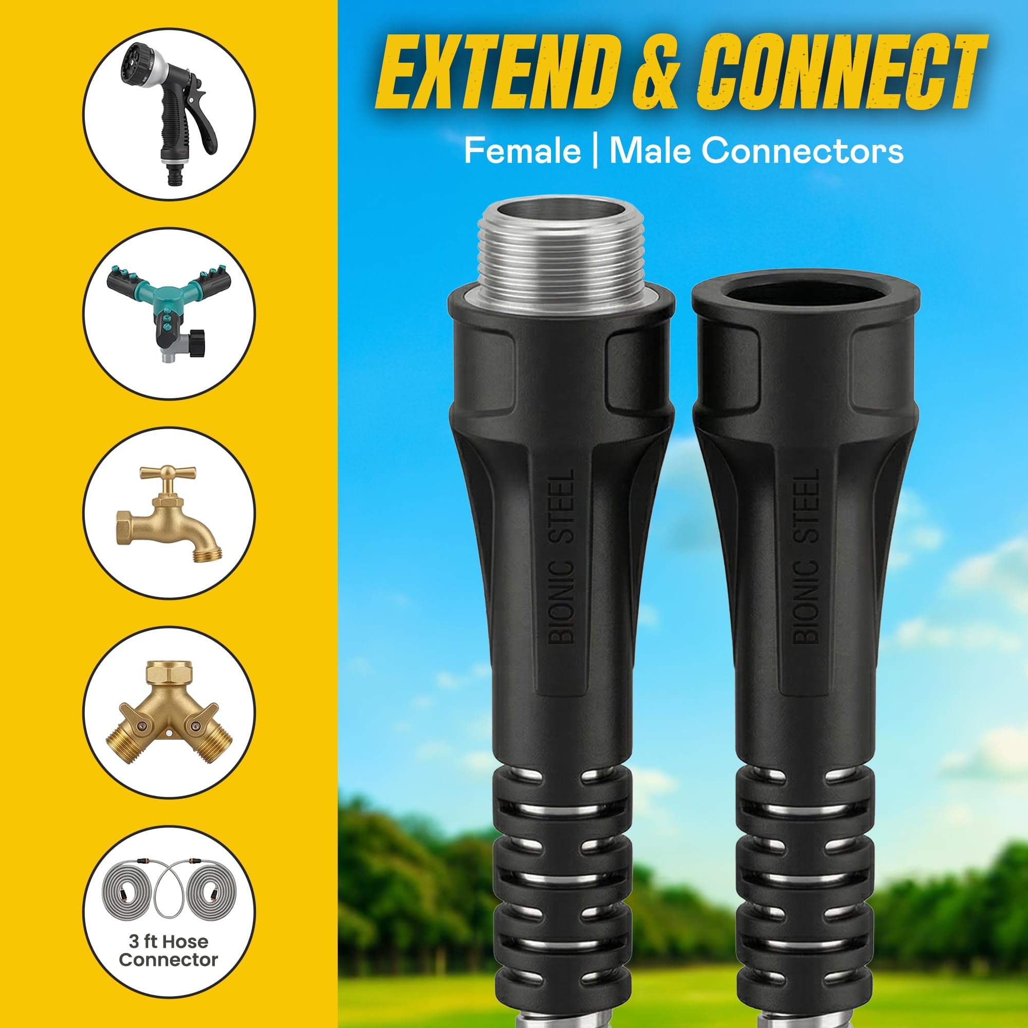 BIONIC STEEL 3Ft Short Garden Hose, 3 Ft x 5/8 In. Connector Hose for Reel, Leak Proof Connection, Heavy Duty, Non Kinking, Flexible, Hose Extension