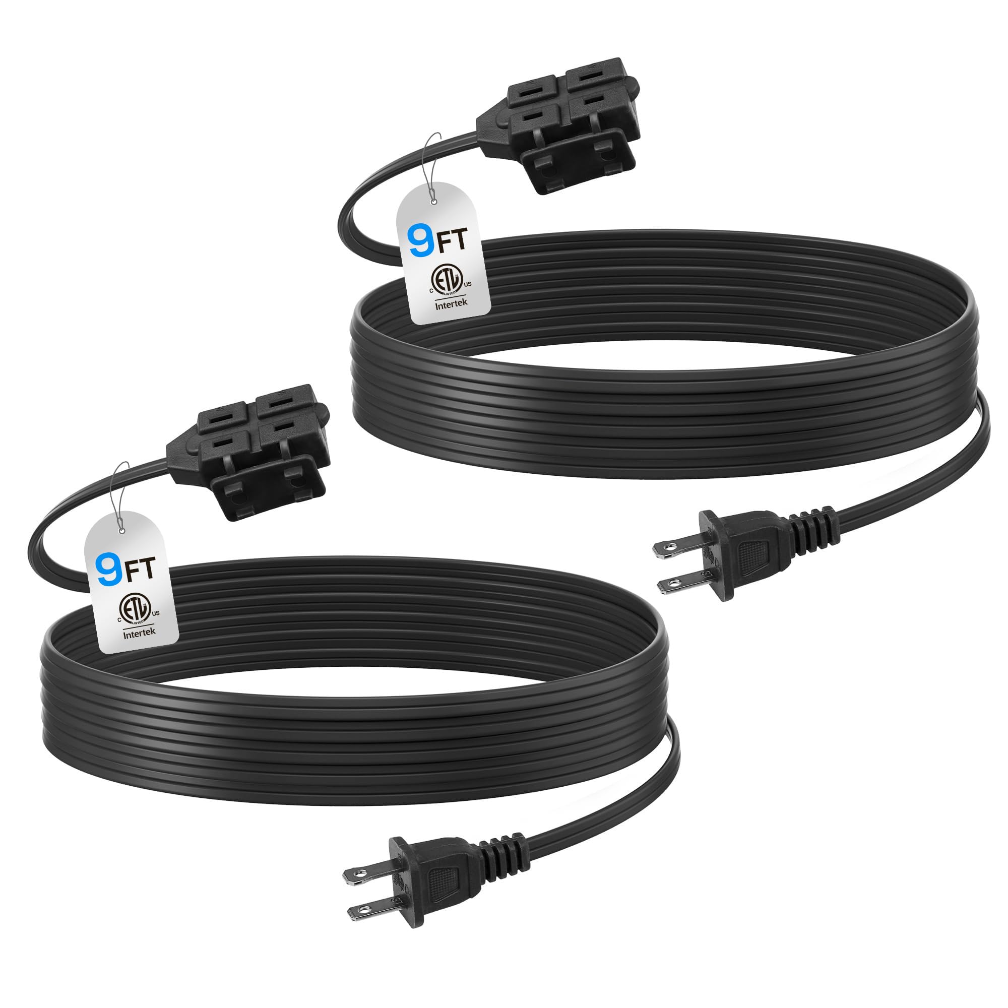 BN-LINK 6ft Indoor Extension Cord, 2 Pack, 3-Outlet Polarized Flat Cable, Household Power Cord for Home, Office, and Holiday Decorations, Black