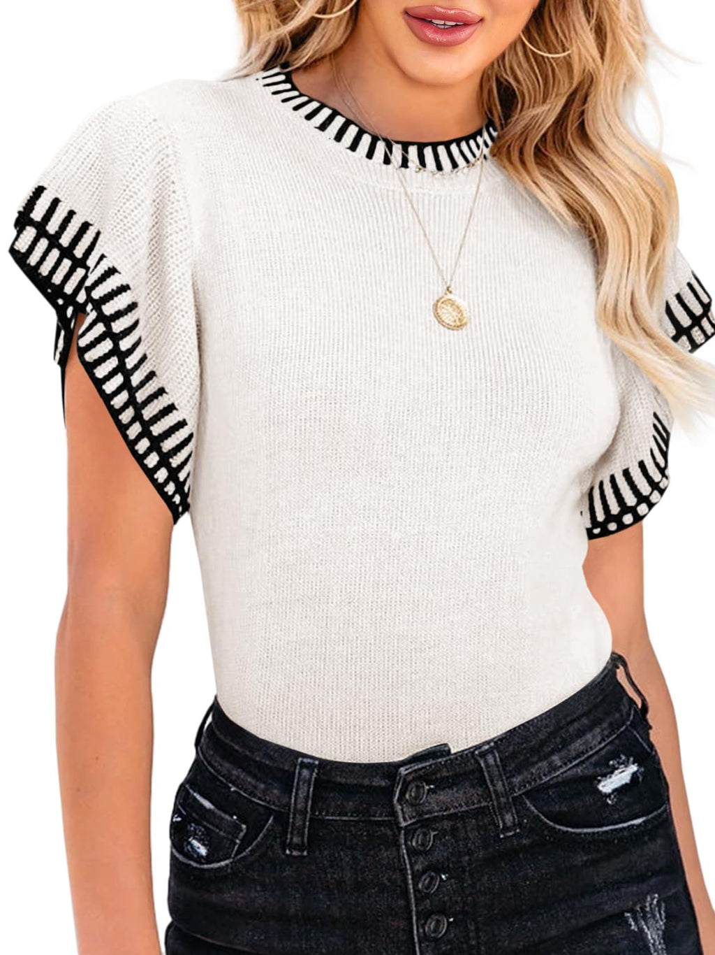 Saodimallsu Womens Short Sleeve Sweaters Tops Summer Ruffle Striped Loose Crew Neck Lightweight Soft Shirts Knit Sweater