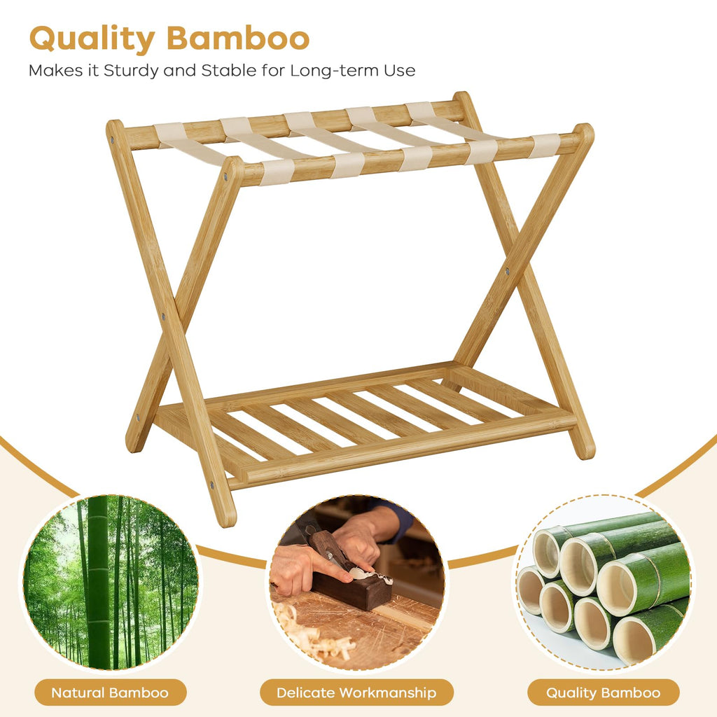 oakvivo Fully Assembled Black Luggage Rack for Guest Room, Bamboo Foldable Suitcase Stand with 5 Nylon Straps, Upgraded Luggage Rack Holder with Shelf for Bedroom Hotel, Holds up to 165 Lbs, 1pcs