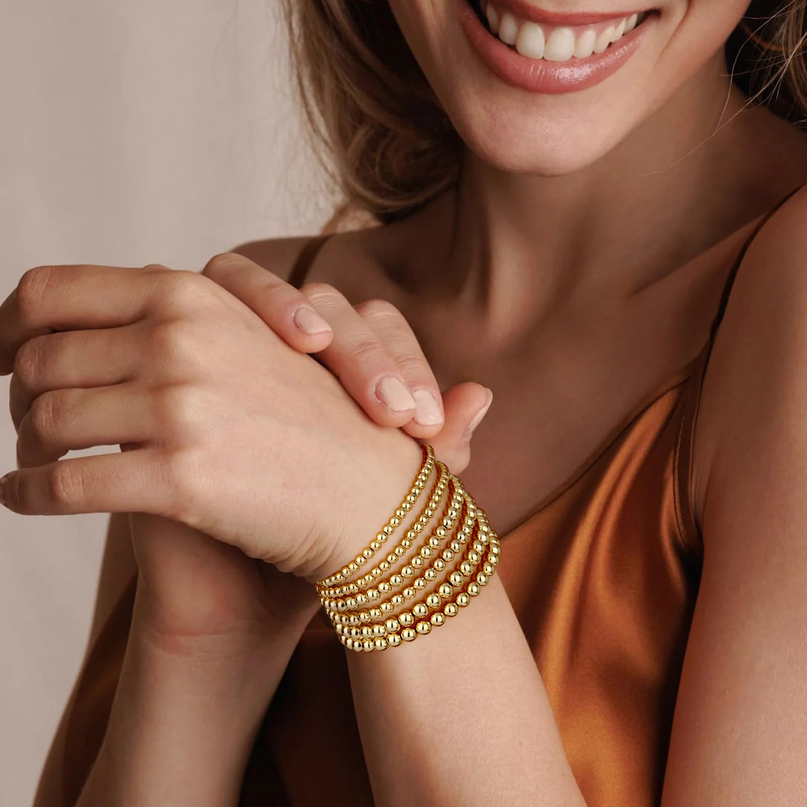 adoyi Gold Bracelets for Women Waterproof, 14K Gold Plated Beaded Strand Bead Ball Bracelets stack Adjustable Jewelry Set for Gifts