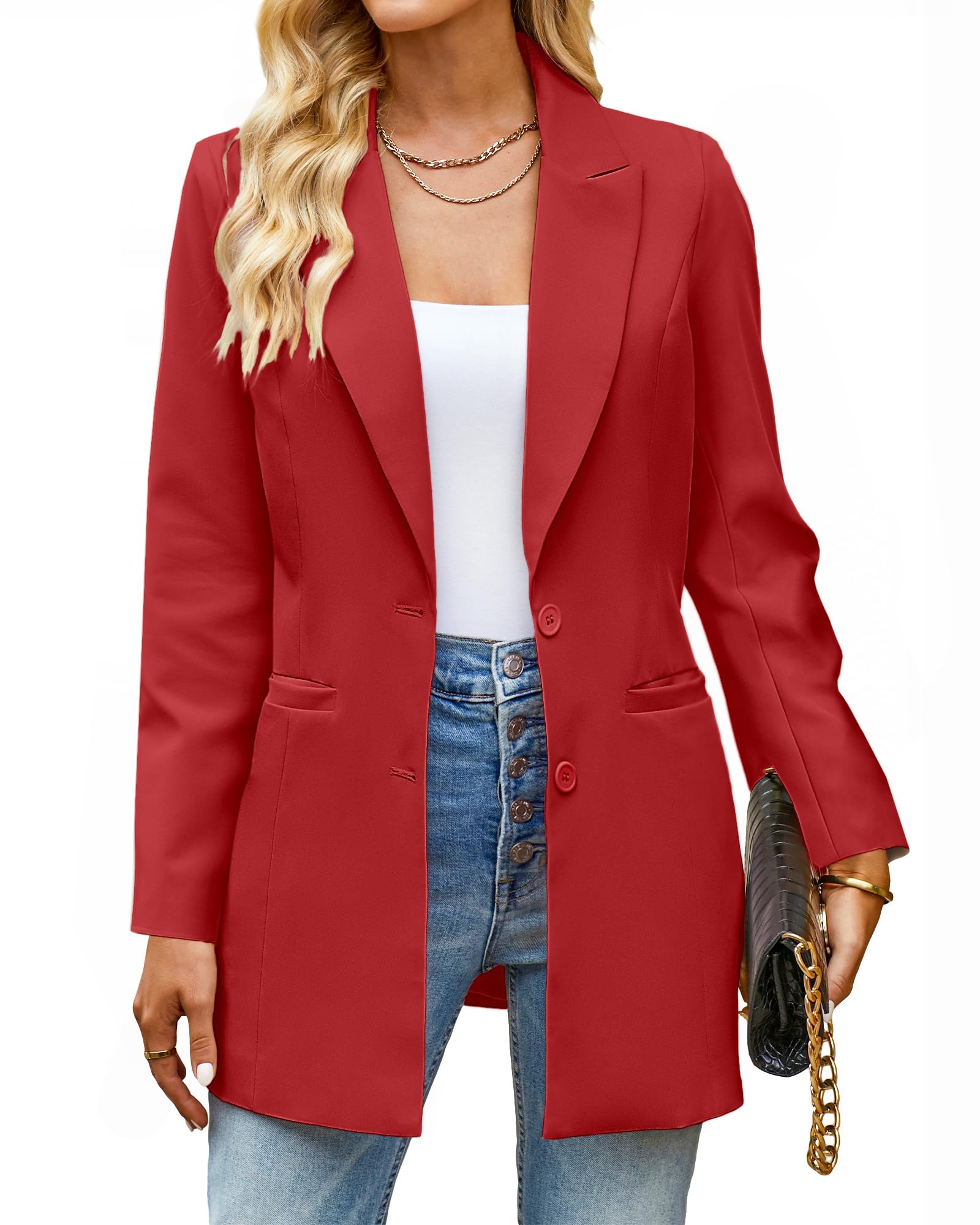 luvamia Blazers for Women Business Casual Long Blazer Jackets Dressy Work Professional Office Outfits Lapel Pockets
