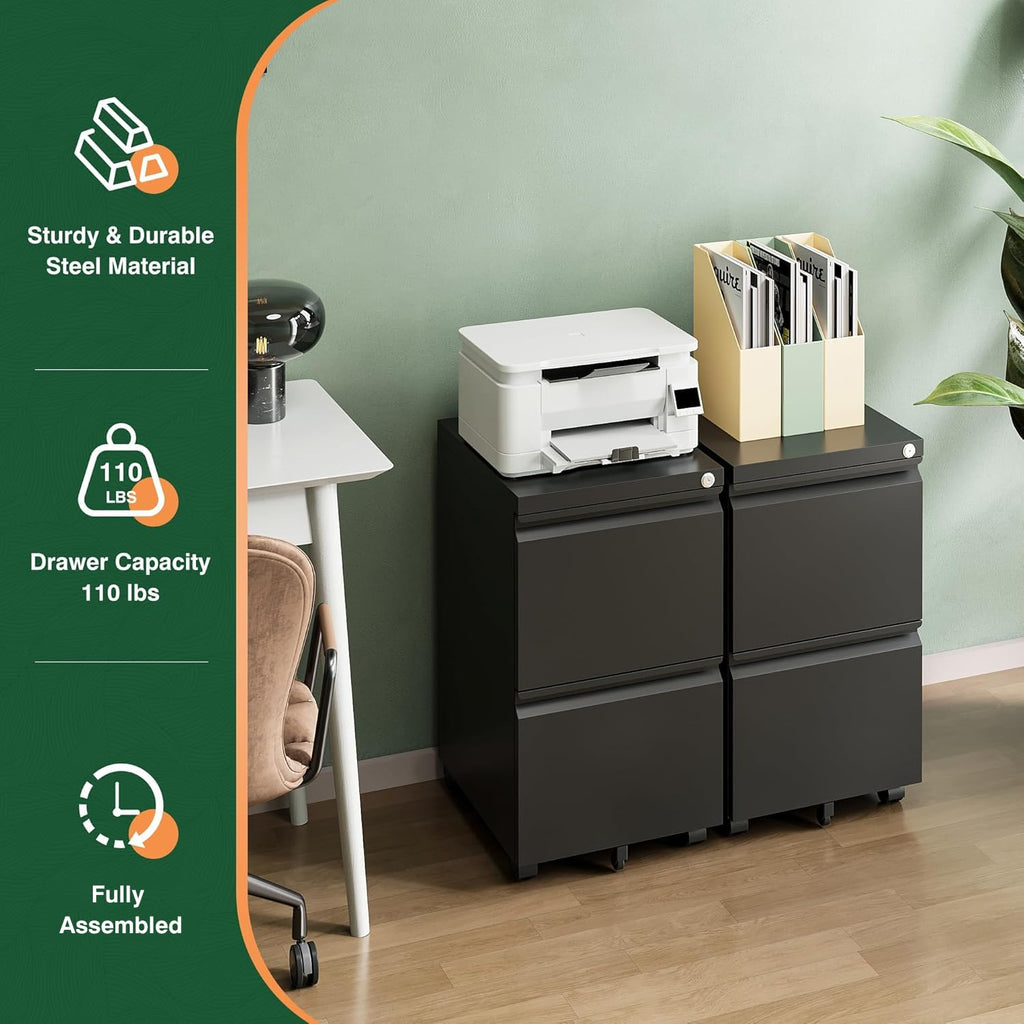 Letaya 3 Drawer Mobile File Cabinet with Lock,Under Desk Metal Small Filing Cabinets for Home Office Organizer Letters/Legal/A4(Fully Assembled Except Wheels-Black)