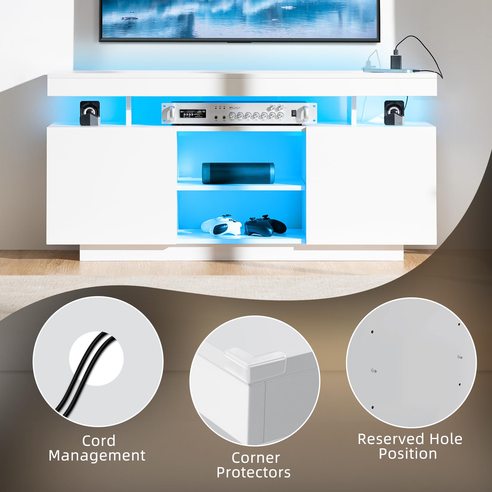 HOMMPA Modern LED TV Stand for 55 Inch TV, Black Tall TV Console with Power Outlet, Entertainment Center with Storage, High Gloss Gaming Media Console Cabinet for Living Room (47 Inch)
