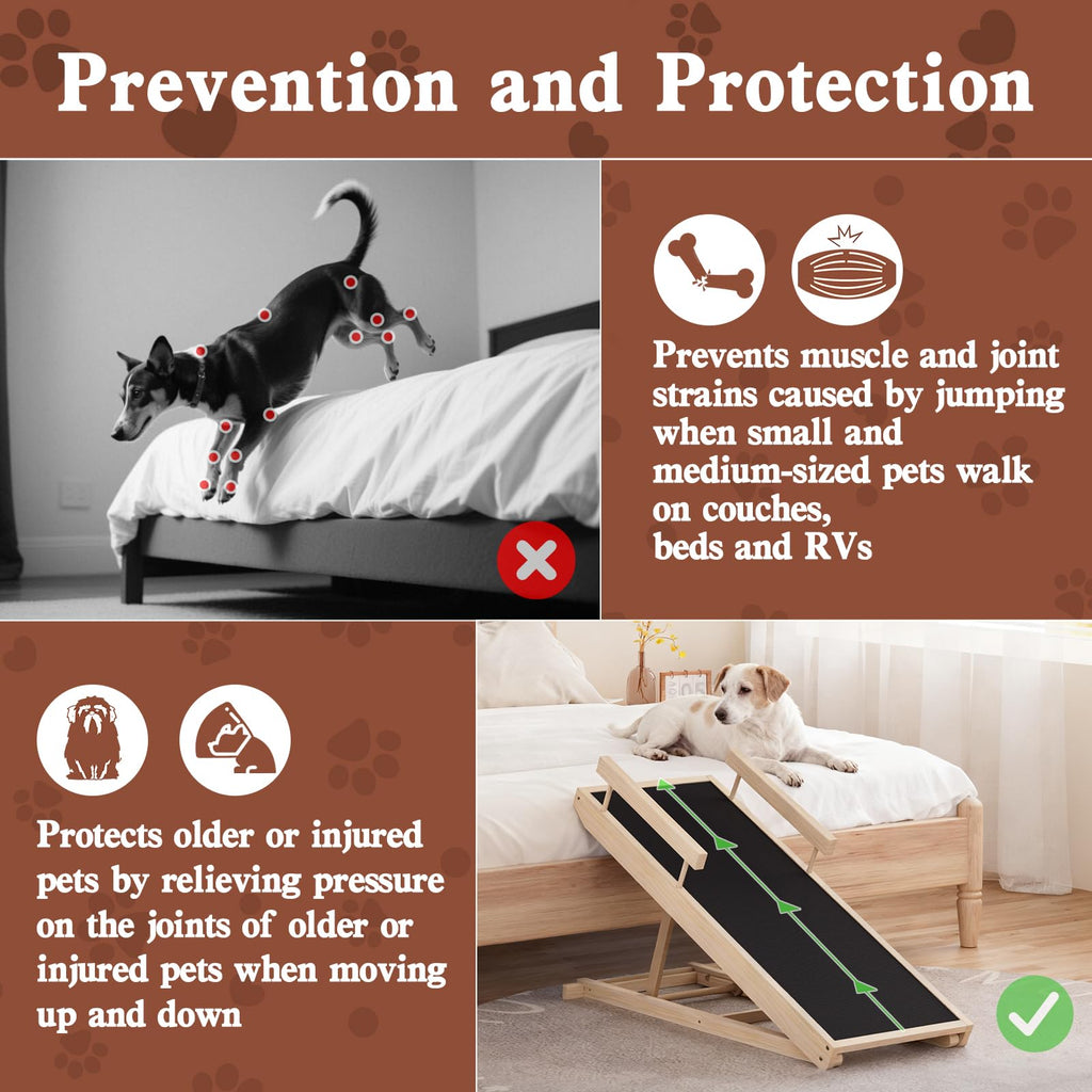 Dog Ramp for Couch, Wooden Pet Ramps 39.37" Long Adjustable 12"-20.47" Folding Puppy Ramps with Anti-Slip Rubber Mat, Dog Stairs for Small & Medium Older Dogs & Cats, up to 100lbs