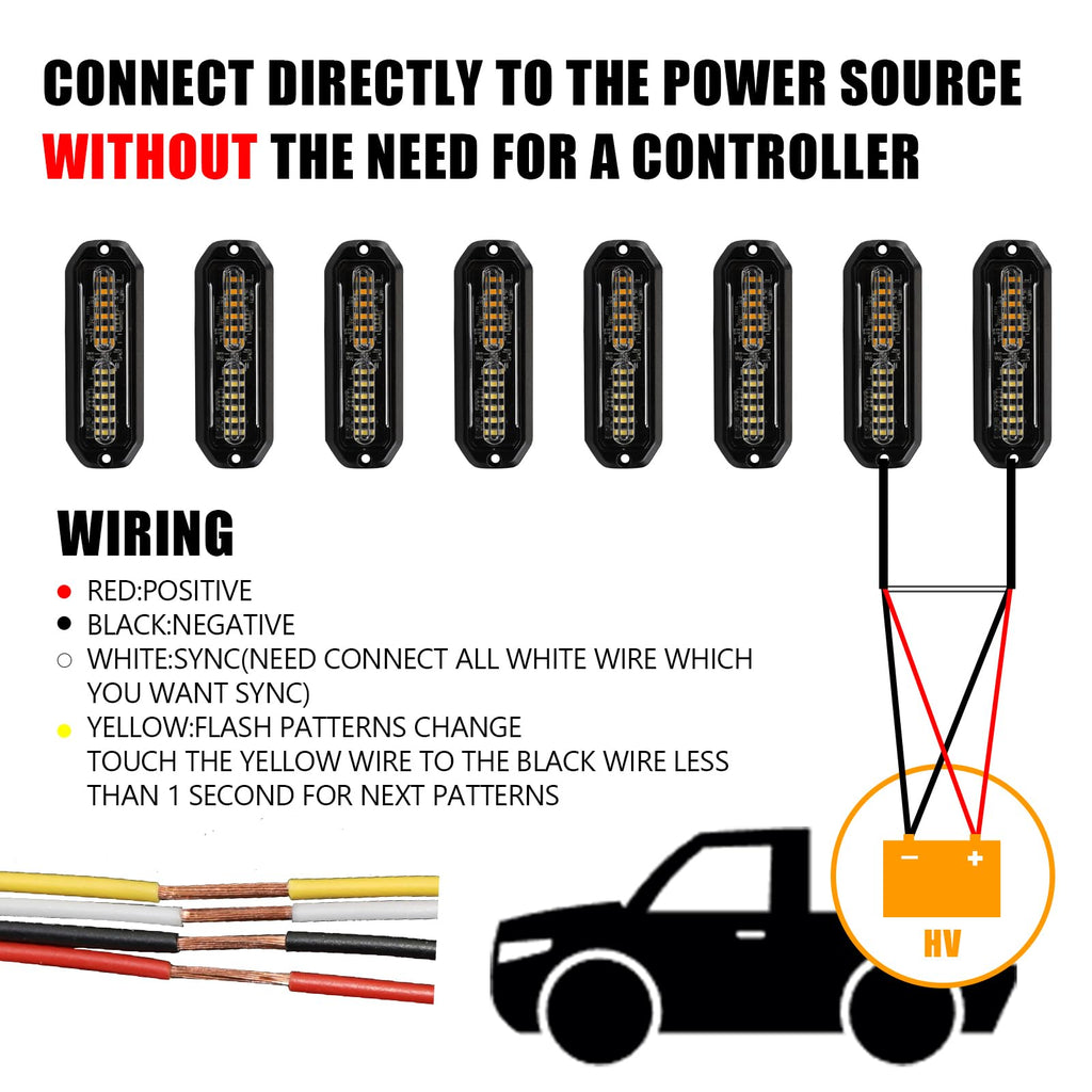 WINECO Amber led strobe lights for trucks 8pcs 12-LED Surface Mount Flashing Strobe Lights kit for Trucks Car Vehicles LED Mini Grille Grill Strobe Light Head Emergency Hazard Warning lights