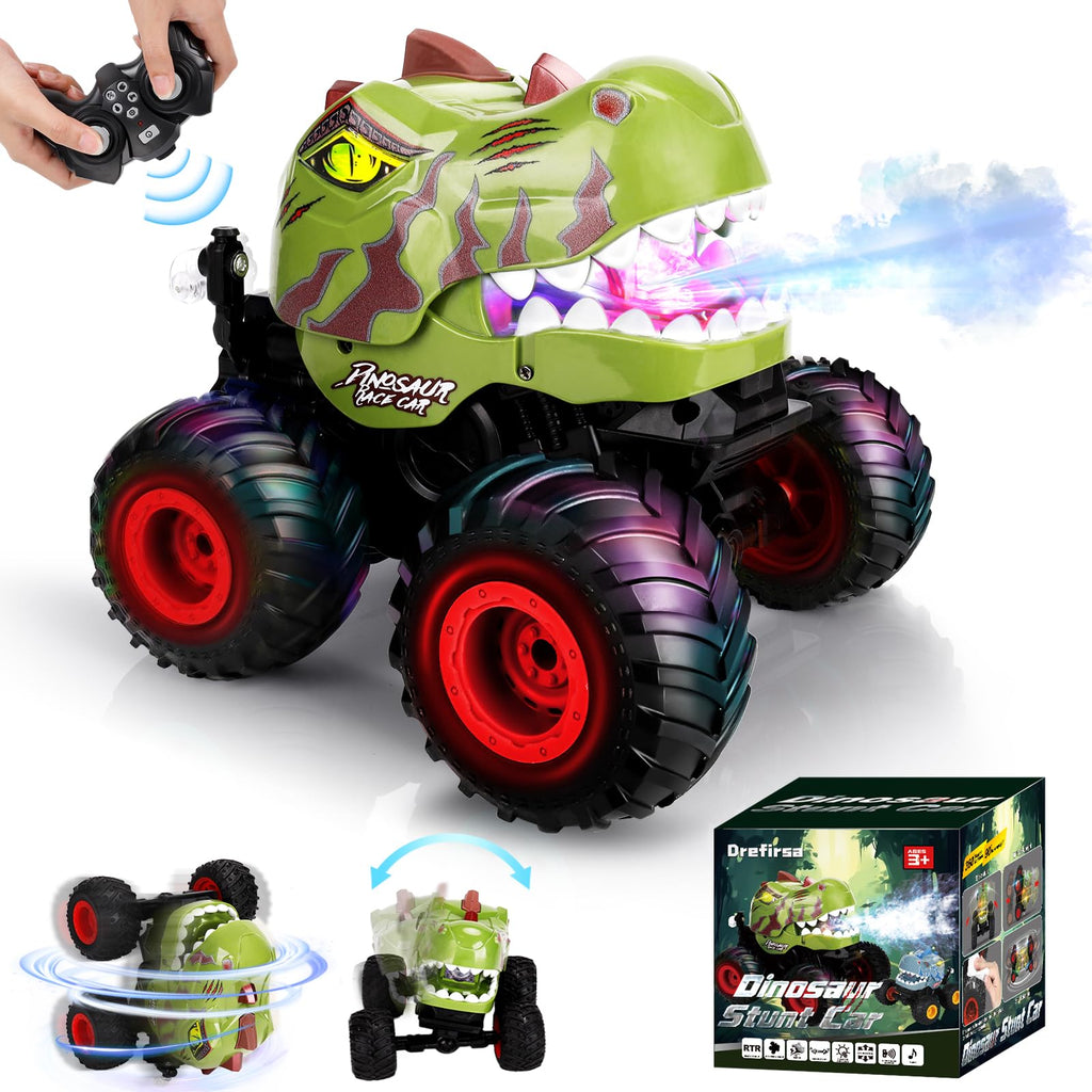 Drefirsa Dinosaur Remote Control Car for Kids Ages 3-5 6-12, Remote Control Monster Truck with Spray, Light, 360° Rolling&90° Driving, All Terrain Dinosaur Toy for Boys Birthday Gift