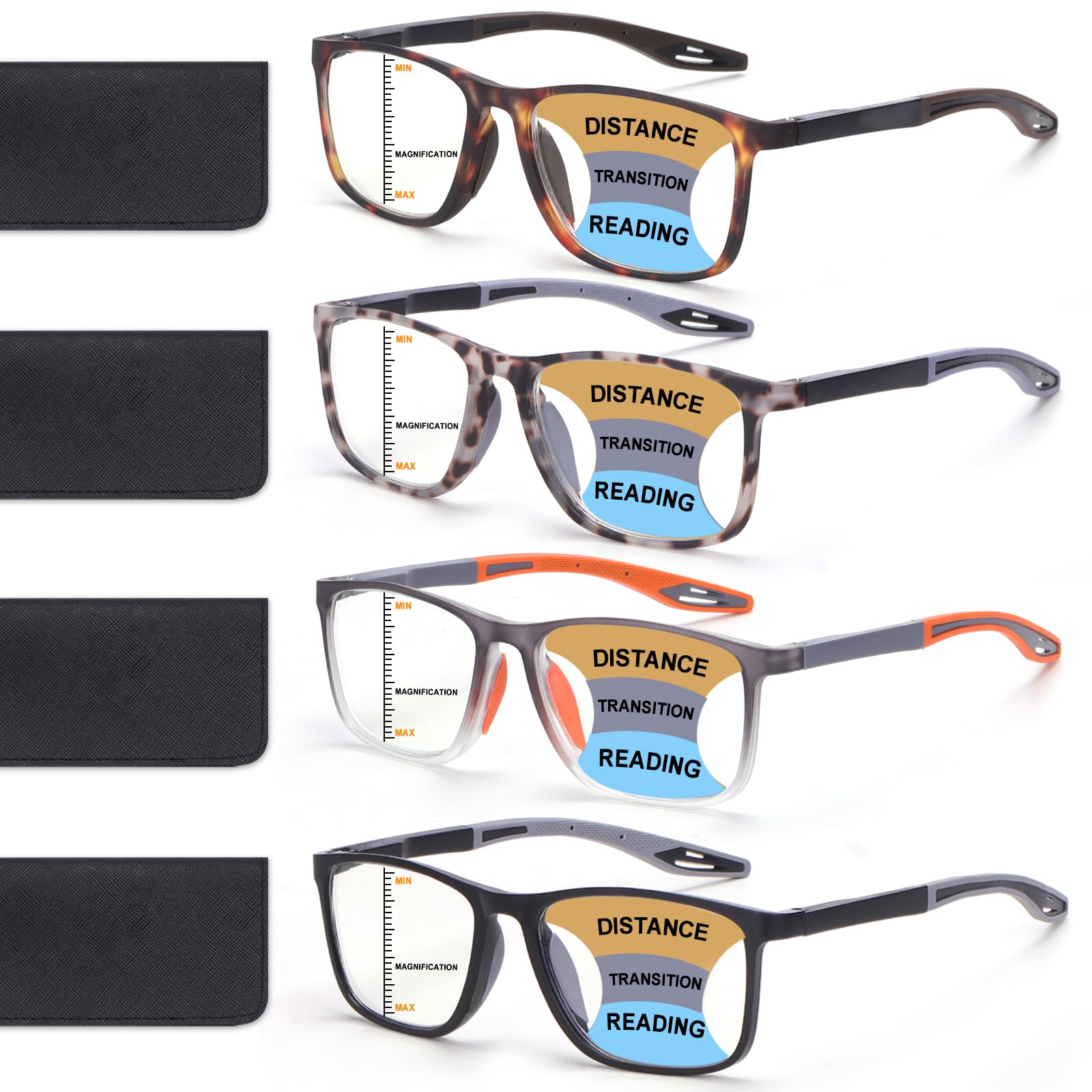 BLOEXCLU 4 Pack Progressive Multifocus Reading Glasses for Men Women TR90 Sports Style Anti-Blue Light Computer Readers