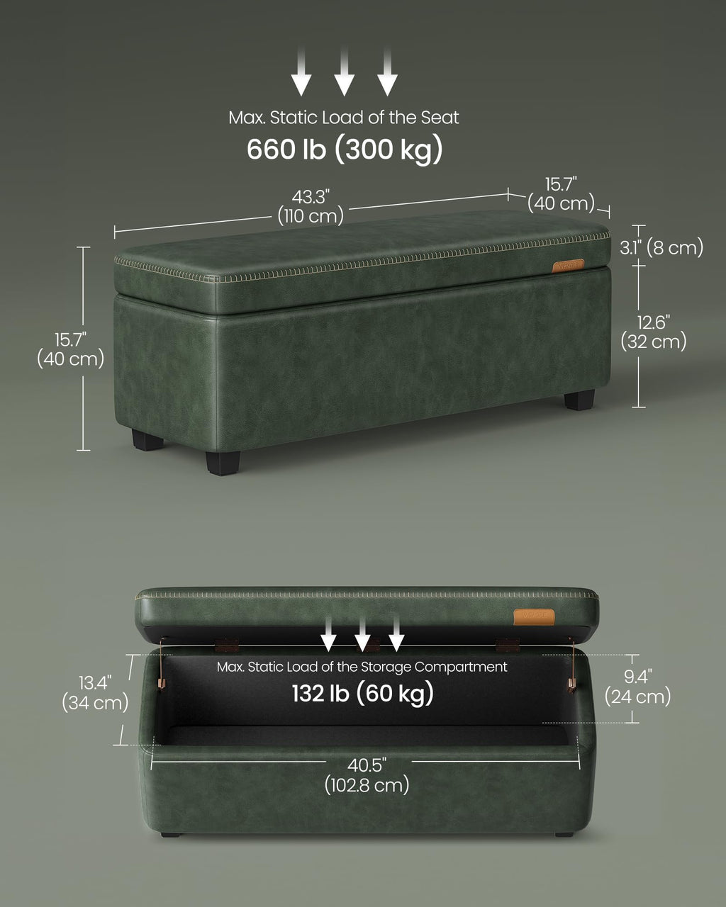 VASAGLE EKHO Collection - Storage Ottoman Bench, Entryway Bedroom Bench, 15 Gallons, Synthetic Leather with Stitching, Mid-Century Modern, Safety Hinges, Loads 660 lb, Caramel Brown ULOM074K01